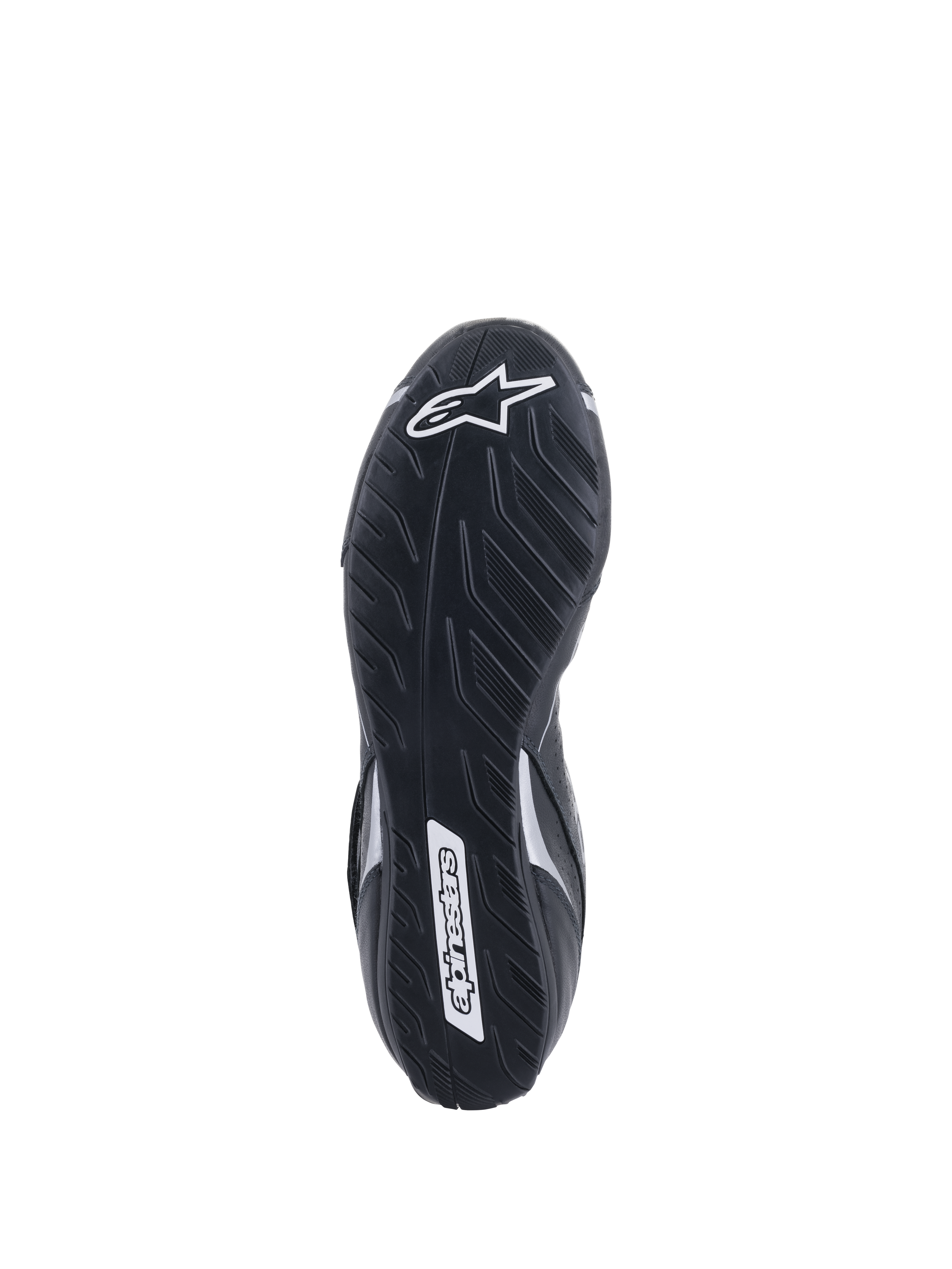Alpinestars Tech-1 T V3 Shoes FIA, Bottom Sole View, Black and Silver, asymmetric rubber outsole with tire-tread pattern, white Alpinestars logo branding, thin compound for pedal sensitivity