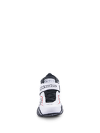 Chaussures Alpinestars Tech-1 T V3, chaussures de course automobile, blanc, noir et rouge, vue de face présentant une sangle de fermeture auto-agrippante avec logo Alpinestars, des lacets noirs et une étiquette de certification SFI sur la languette