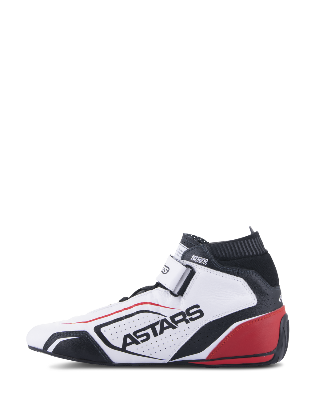 Chaussures Alpinestars Tech-1 T V3 FIA, chaussures de course automobile professionnelles, blanc, noir et rouge, vue de profil présentant le marquage ASTARS sur cuir perforé, col ignifugé noir et accents rouges au talon, design de sport automobile haute performance