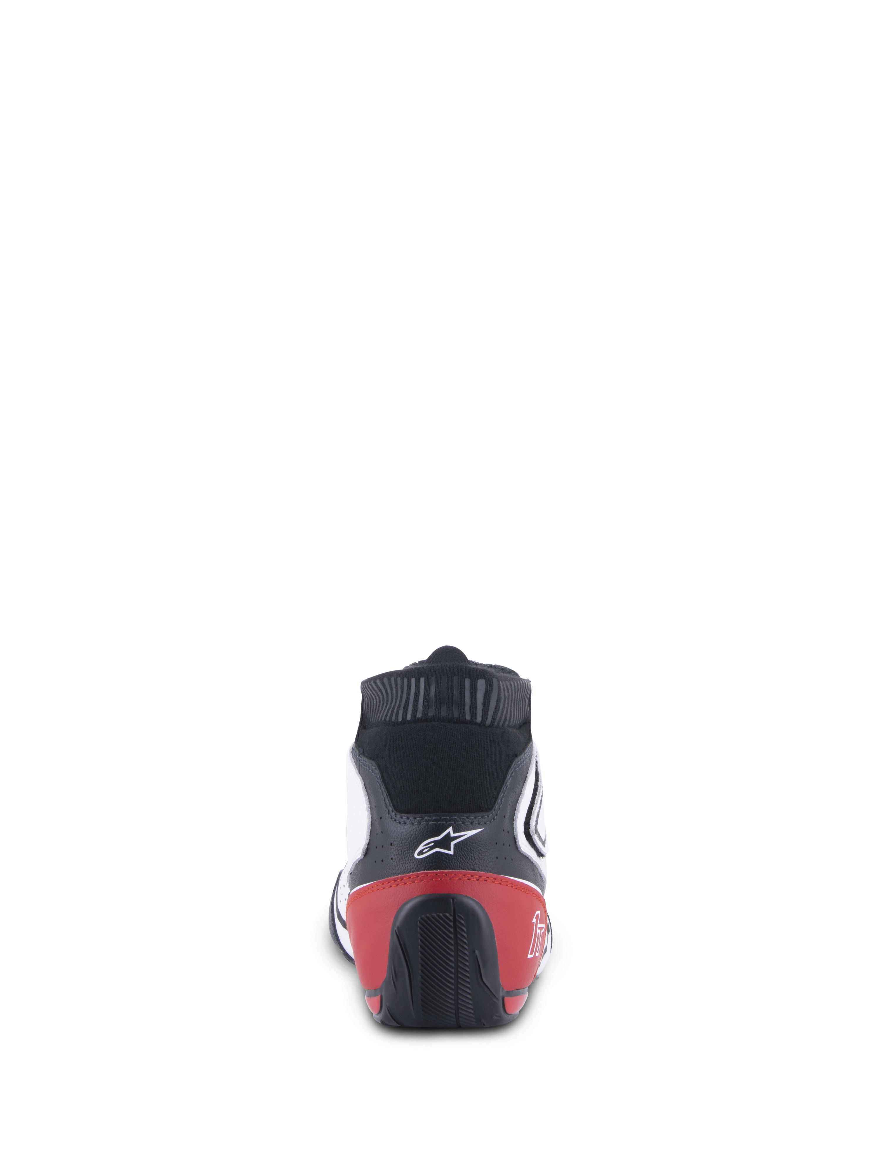 Chaussures Alpinestars Tech-1 T V3 FIA, chaussures de course automobile, blanc, noir et rouge, vue arrière montrant le contrefort de talon rouge et la semelle extérieure texturée noire, logo Alpinestars blanc sur la tige en cuir noir