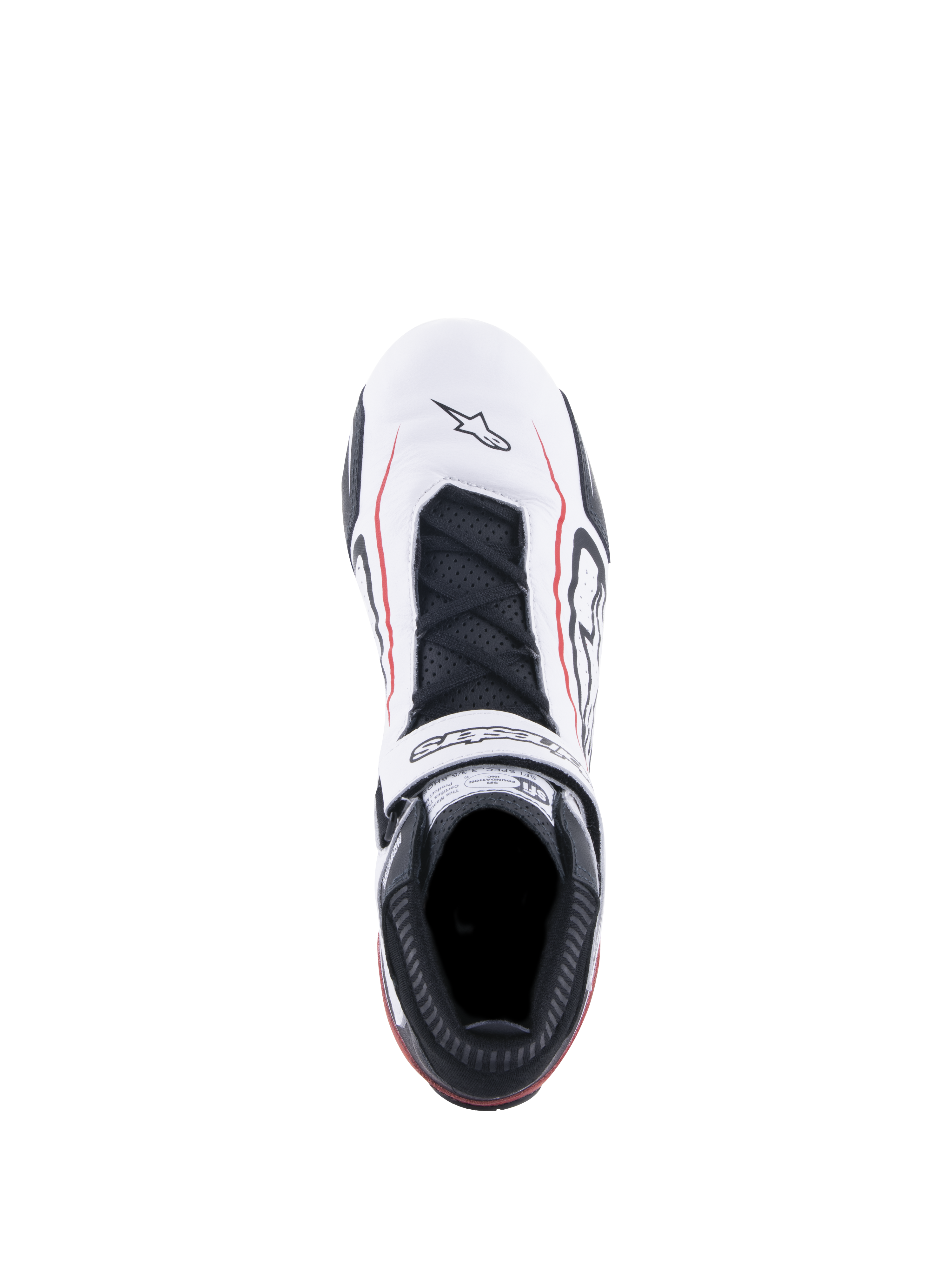 Alpinestars Tech-1 T V3 Shoes FIA, chaussures de course automobile, blanc, noir et rouge, vue de dessus présentant une tige en cuir blanc avec des lignes d'accentuation rouges, des lacets noirs, une sangle auto-agrippante griffée et une étiquette de certification SFI sur la languette