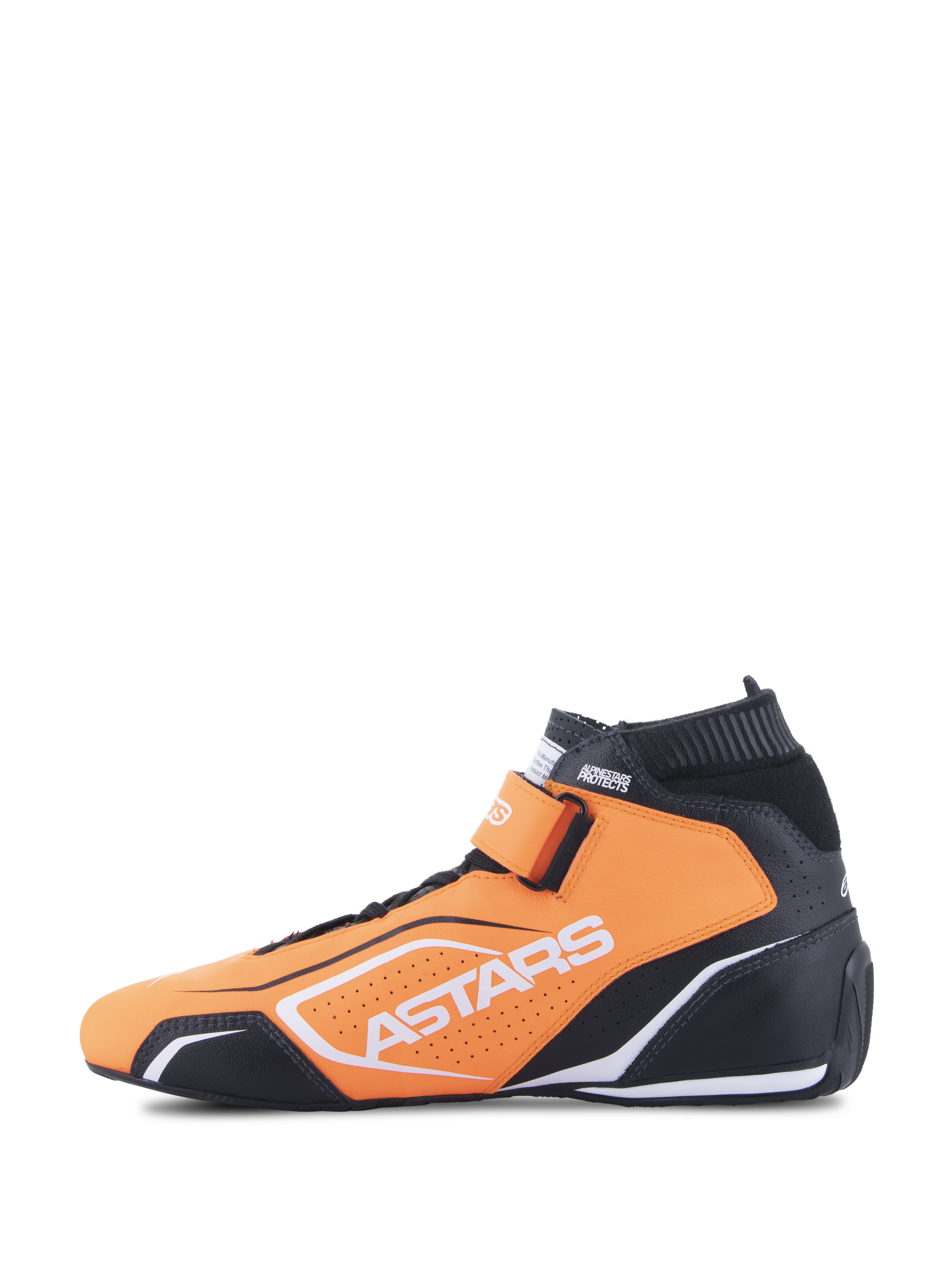 Chaussures Alpinestars Tech-1 T V3 FIA, chaussures de course automobile, orange fluo, noir et blanc, vue de profil, construction en cuir de bovin, sangle de cheville à boucle et crochet, logo Astars blanc