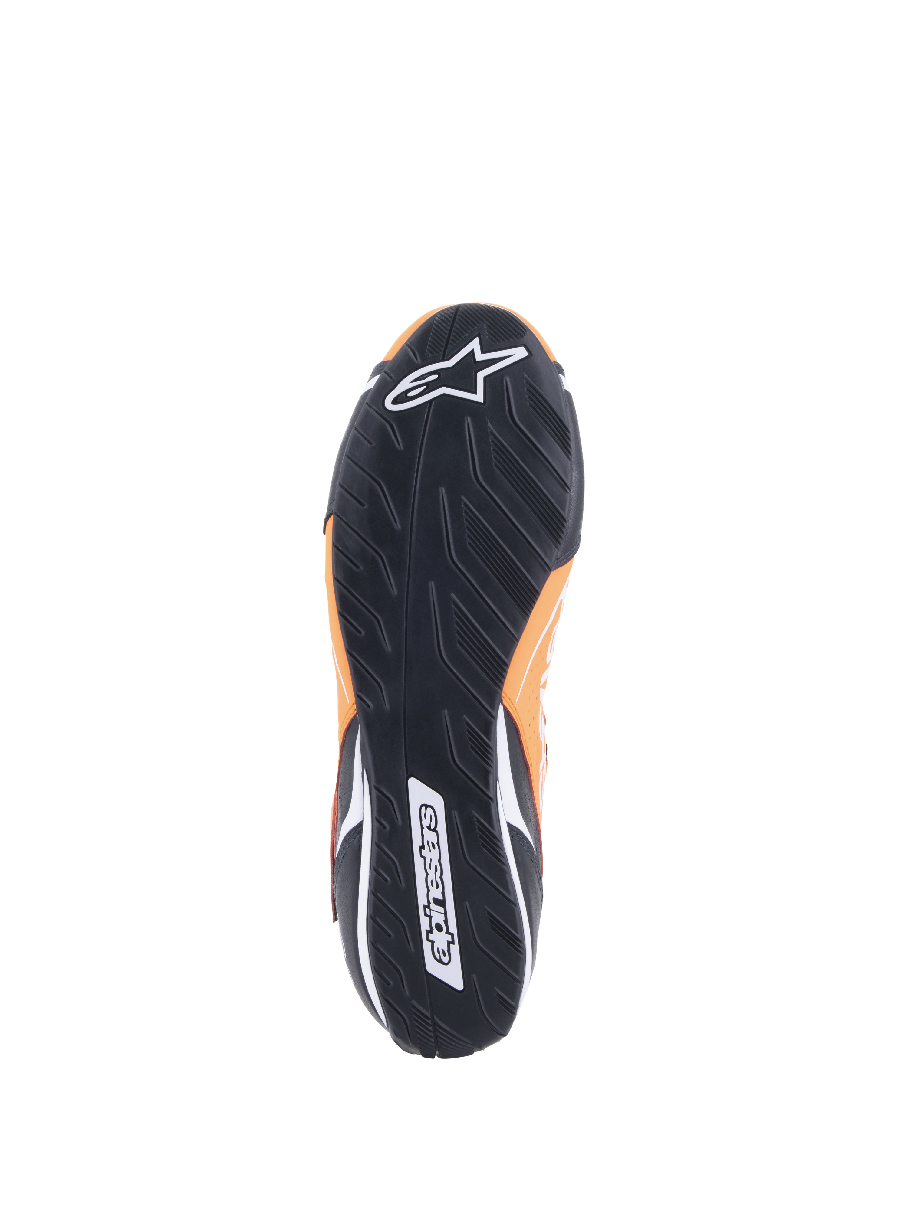 Alpinestars Tech-1 T V3 FIA, Orange Fluo Noir Blanc, vue de dessous montrant la semelle extérieure en caoutchouc noir avec un motif de bande de roulement asymétrique, logo Alpinestars blanc sur la pointe et logo textuel sur le talon.