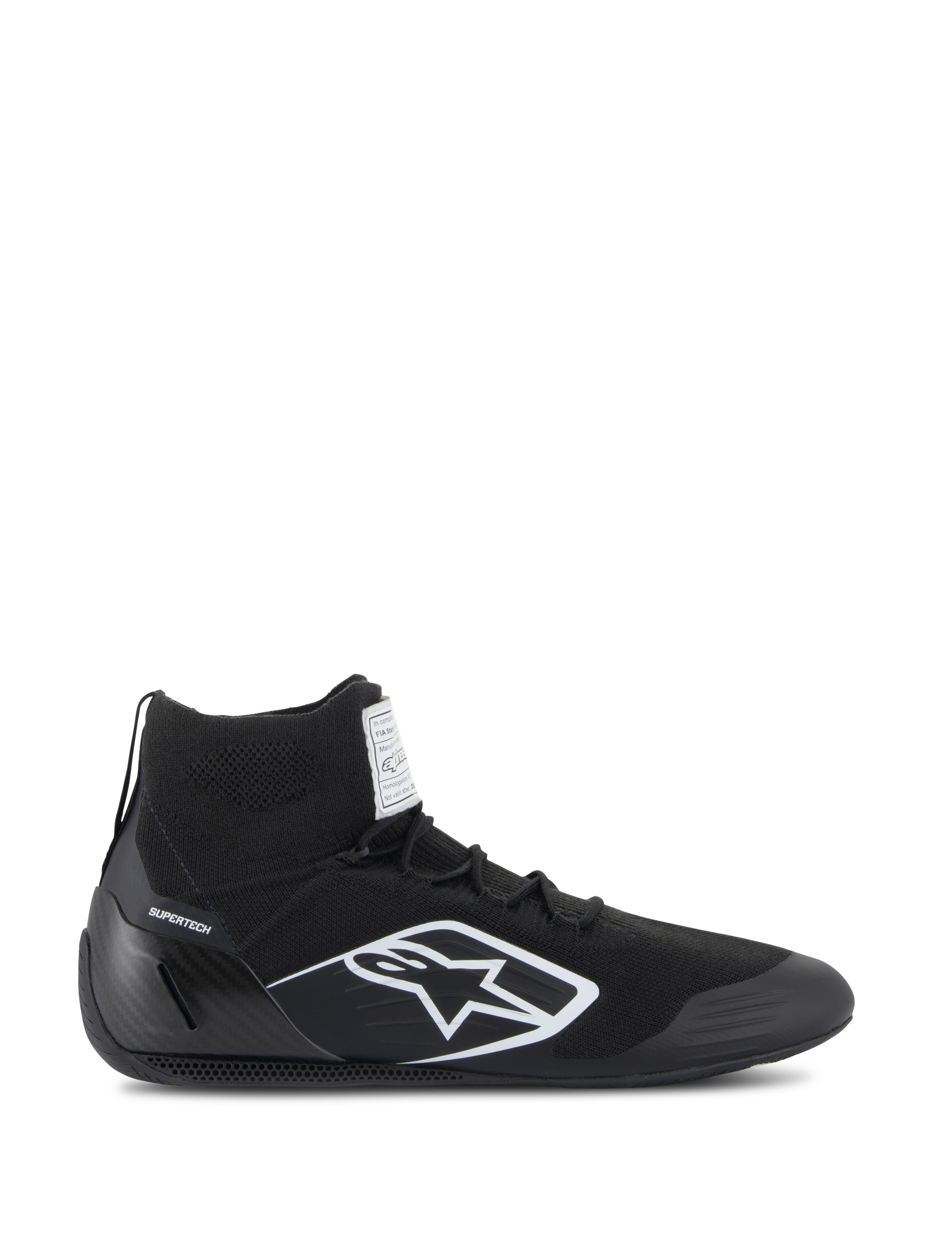 Chaussures Alpinestars Supertech, chaussures de course automobile certifiées FIA/SFI, noires avec logo étoile Alpinestars blanc, design montant avec tige tricotée et coque de talon en fibre de carbone, chaussures de sport automobile professionnelles