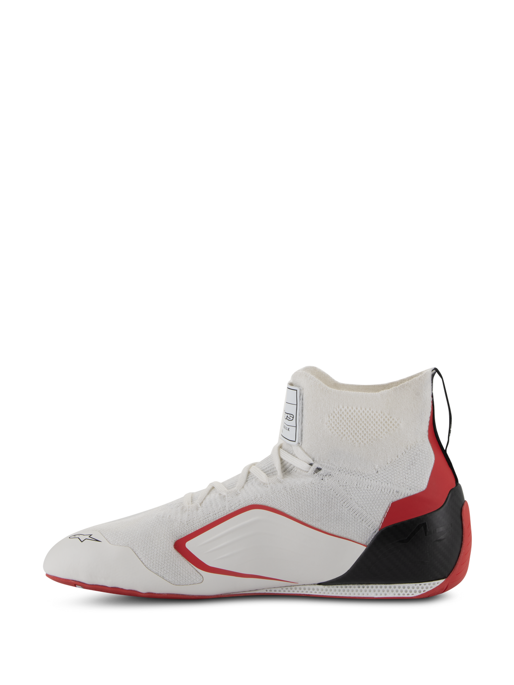 Chaussures Alpinestars Supertech - FIA/SFI, chaussures de course automobile, blanc, rouge et noir, vue de profil montrant la tige en tricot, les accents latéraux rouges et la coque de talon en fibre de carbone noire