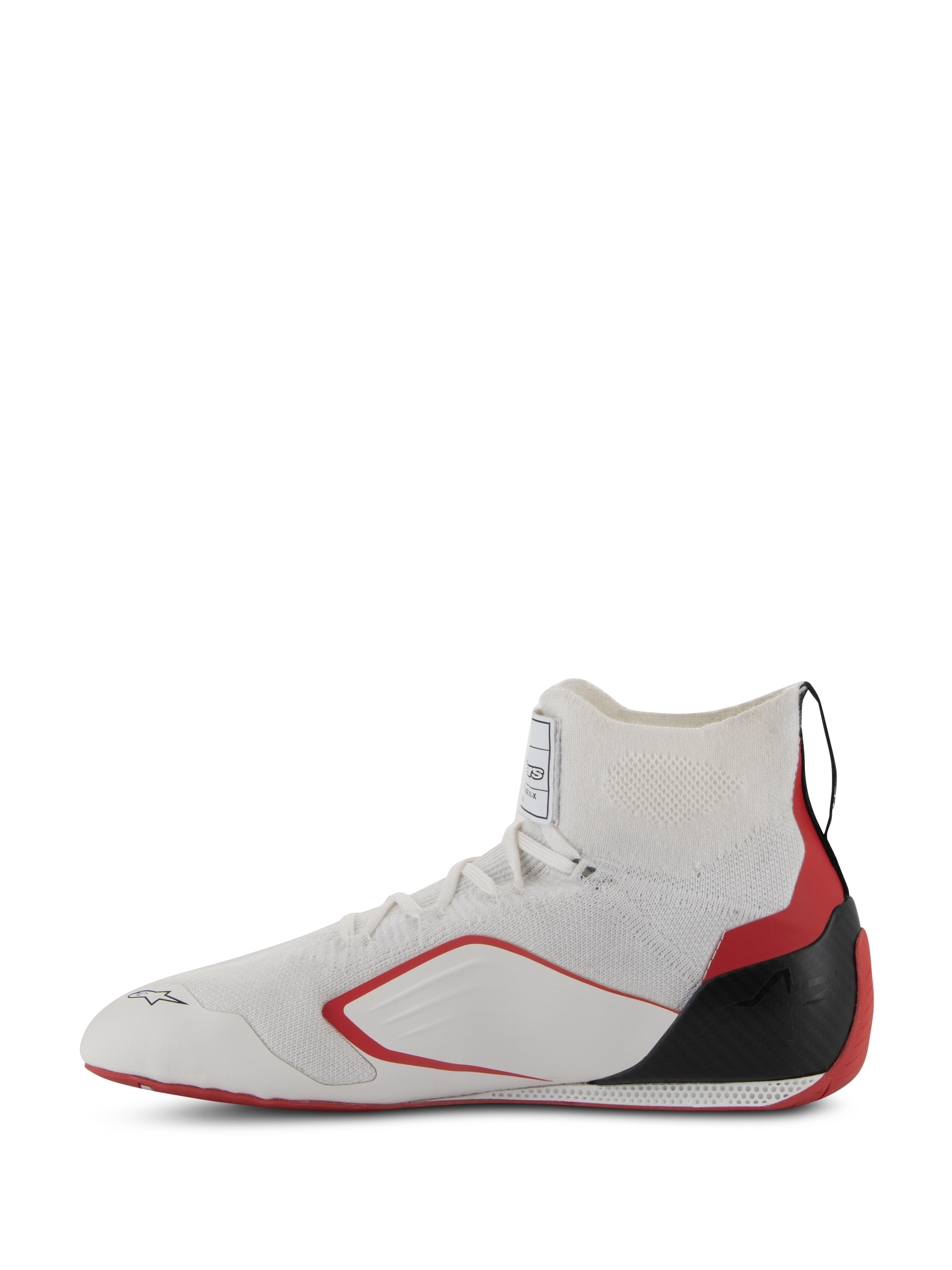 Chaussures Alpinestars Supertech - FIA/SFI, chaussures de course automobile, blanc, rouge et noir, vue de profil montrant la tige en tricot, les accents latéraux rouges et la coque de talon en fibre de carbone noire
