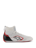 Chaussures Alpinestars Supertech, chaussures de course automobile certifiées FIA/SFI, blanc avec accents rouges et noirs, tige en tricot, coque de talon en fibre de carbone et semelle rouge, design montant élégant pour le sport automobile professionnel