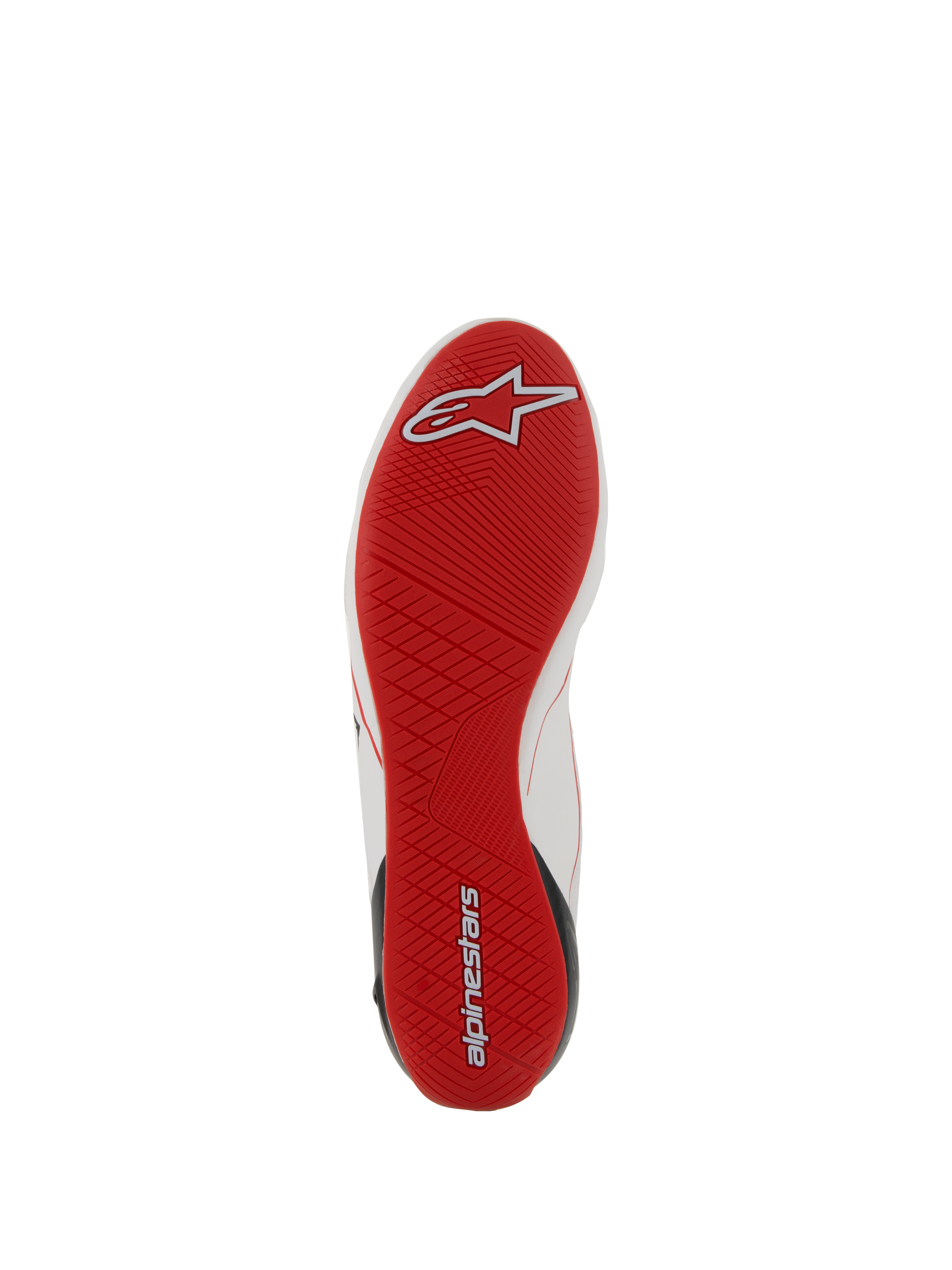 Chaussures Alpinestars Supertech, chaussures de course automobile, vue de la semelle extérieure rouge, semelle en caoutchouc ultra-fine avec bande de roulement asymétrique, détails du logo blanc et rouge, chaussures de course professionnelles pour une sensibilité optimale des pédales.
