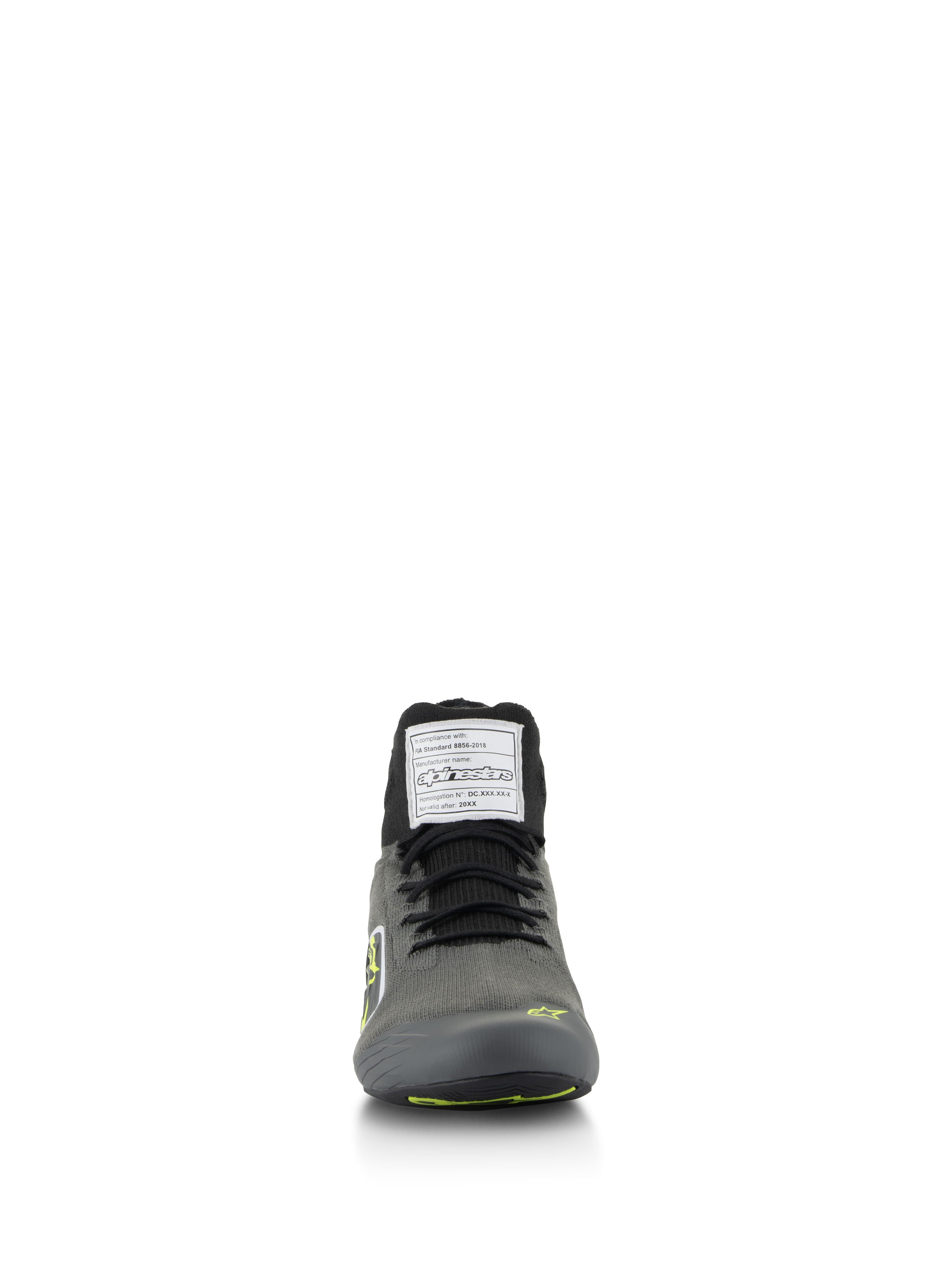 Chaussures Alpinestars Supertech, chaussures de course automobile, gris froid avec noir et jaune fluo, vue de face avec tige en tricot et étiquette d'homologation FIA sur la languette