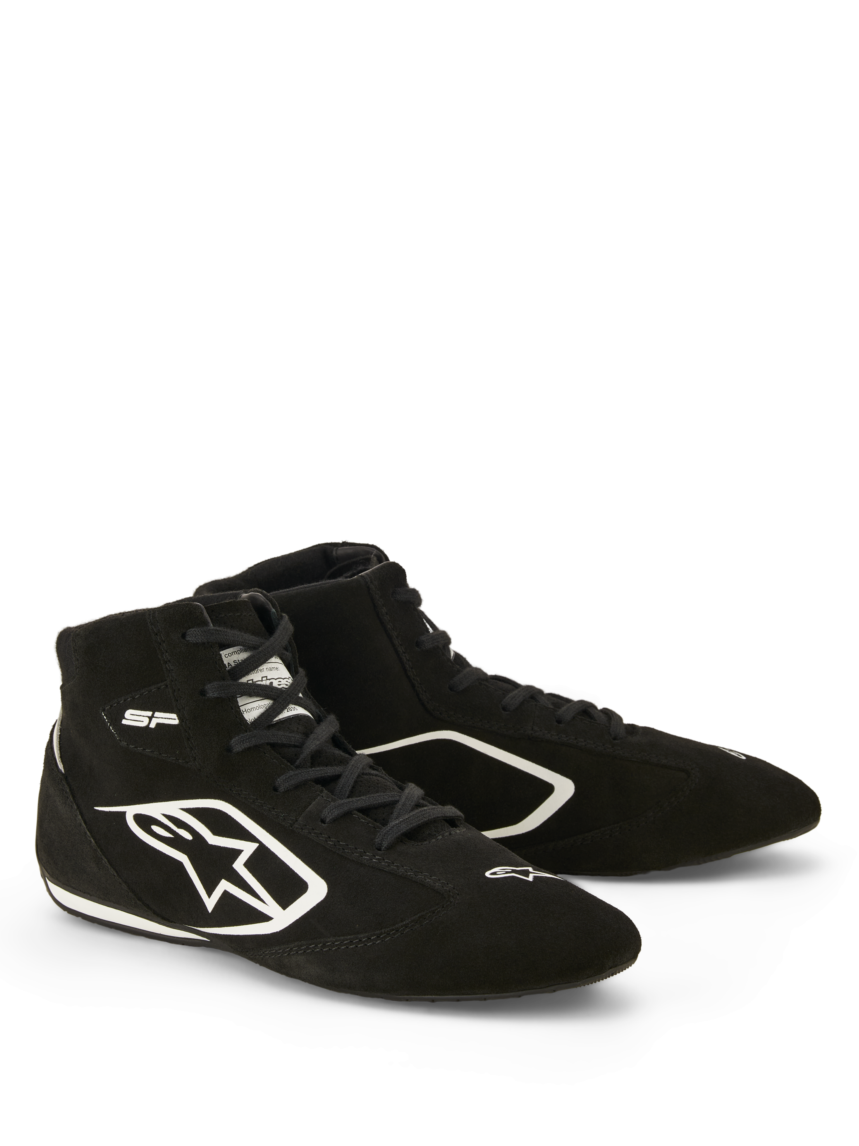 Chaussures Alpinestars SP V3 FIA, chaussures de course automobile, noir et blanc, construction en daim de qualité supérieure, avec logo Astars blanc sur le côté et semelle fine aux spécifications de course pour une meilleure sensation de pédale
