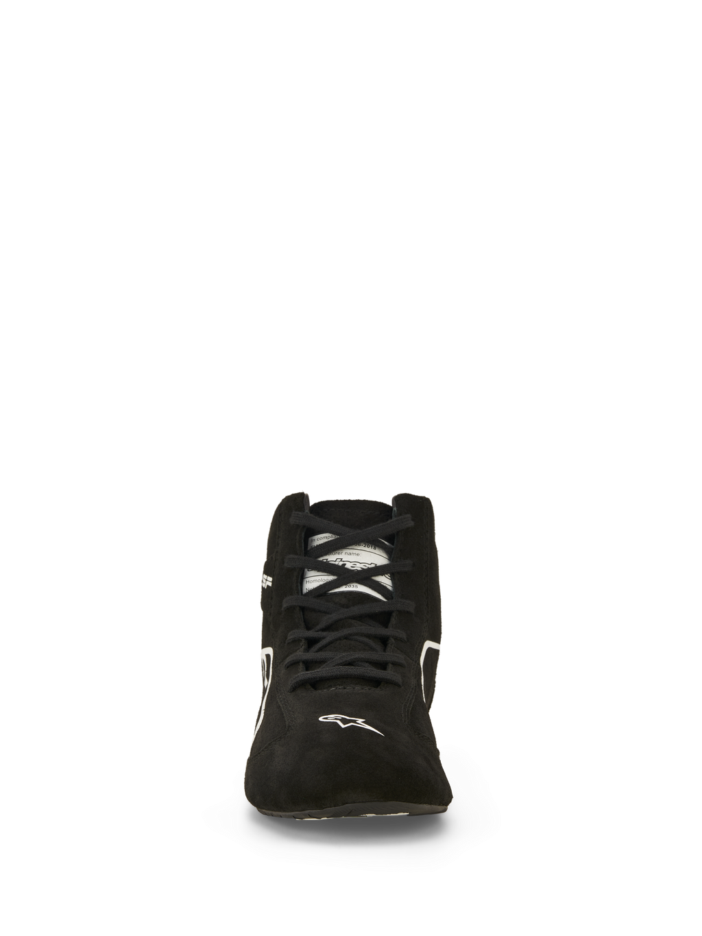 Chaussures Alpinestars SP V3 FIA, chaussures de course automobile, noir et blanc, vue de face, tige en daim de qualité supérieure avec lacets noirs, logo Alpinestars blanc sur la pointe, chaussures de sport automobile professionnelles ignifugées