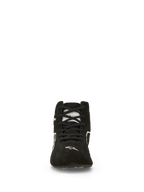 Chaussures Alpinestars SP V3 FIA, chaussures de course automobile, noir et blanc, vue de face, tige en daim de qualité supérieure avec lacets noirs, logo Alpinestars blanc sur la pointe, chaussures de sport automobile professionnelles ignifugées