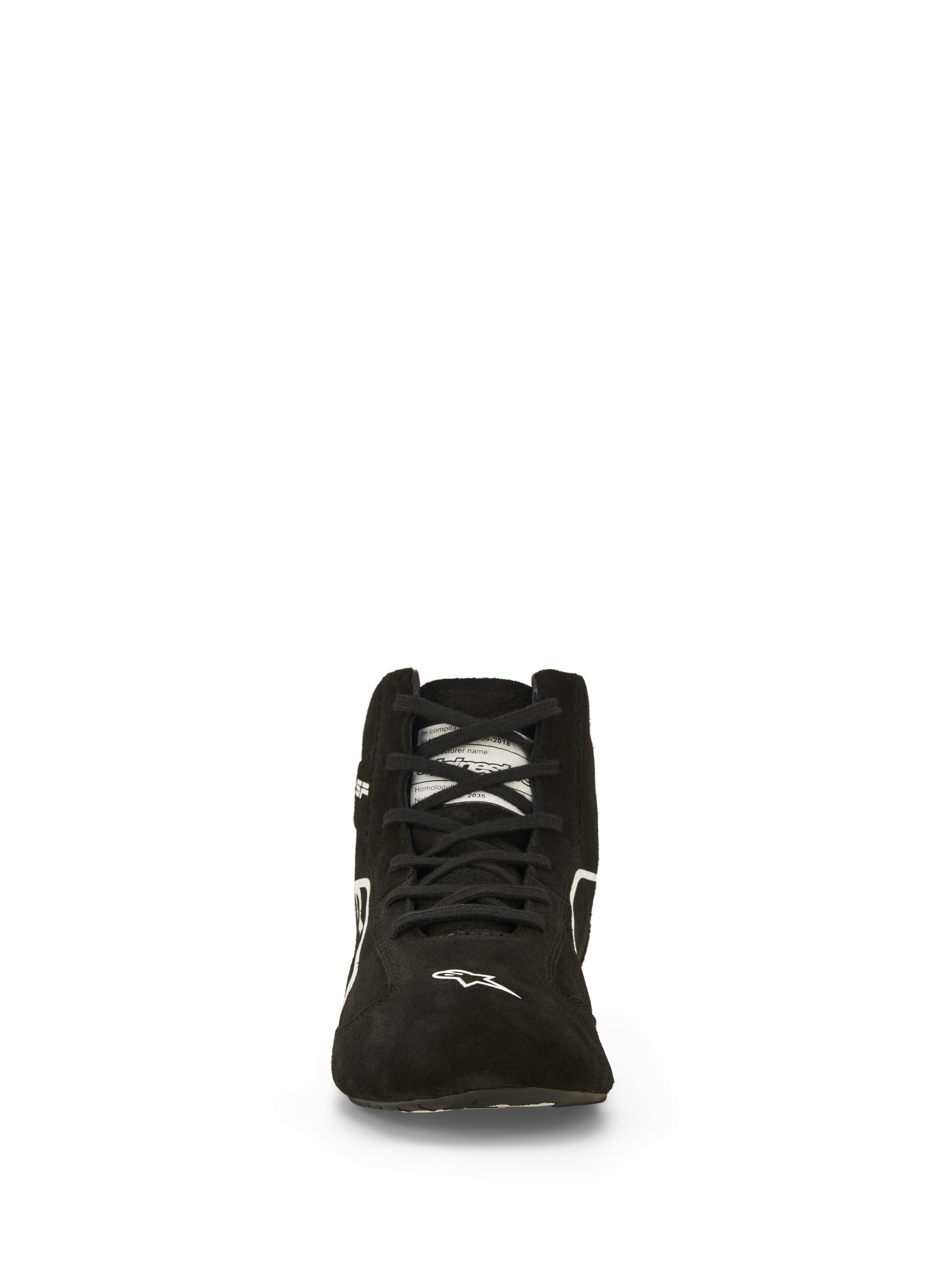Chaussures Alpinestars SP V3 FIA, chaussures de course automobile, noir et blanc, vue de face, tige en daim de qualité supérieure avec lacets noirs, logo Alpinestars blanc sur la pointe, chaussures de sport automobile professionnelles ignifugées