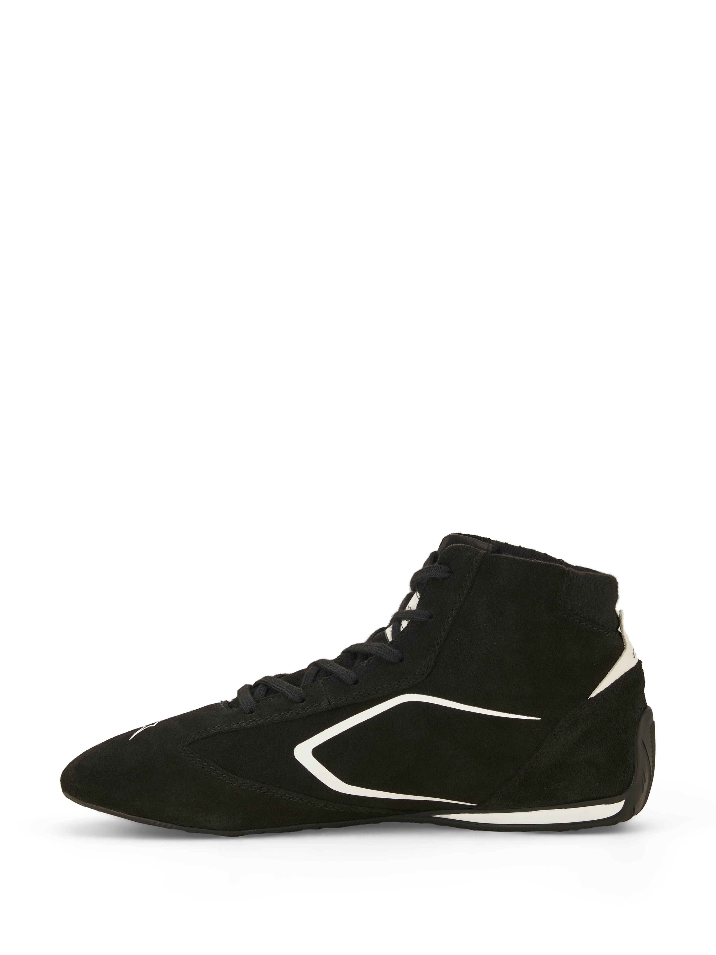 Chaussures Alpinestars SP V3 FIA, chaussures de course automobile, noir et blanc, vue de profil, tige en daim de qualité supérieure avec accents graphiques blancs, design montant, semelle fine en caoutchouc de spécification course pour une sensation de pédale améliorée