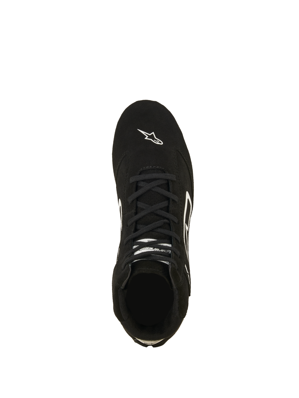 Chaussures Alpinestars SP V3 FIA, chaussures de course automobile, noir et blanc, vue de dessus de la tige en daim de qualité supérieure, avec lacets noirs et logo Astars blanc sur le bout, équipement de sport automobile professionnel ignifugé