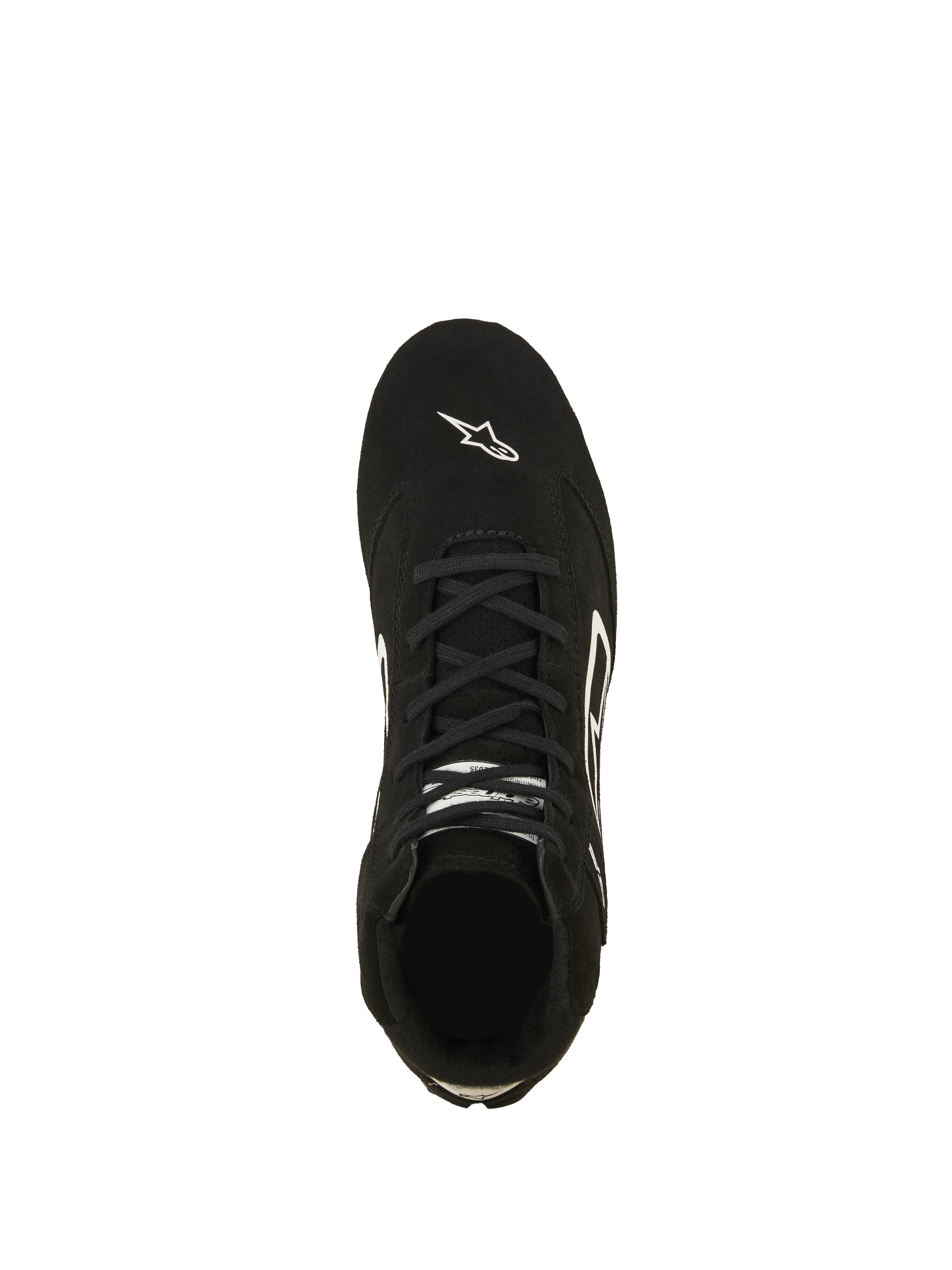 Chaussures Alpinestars SP V3 FIA, chaussures de course automobile, noir et blanc, vue de dessus de la tige en daim de qualité supérieure, avec lacets noirs et logo Astars blanc sur le bout, équipement de sport automobile professionnel ignifugé