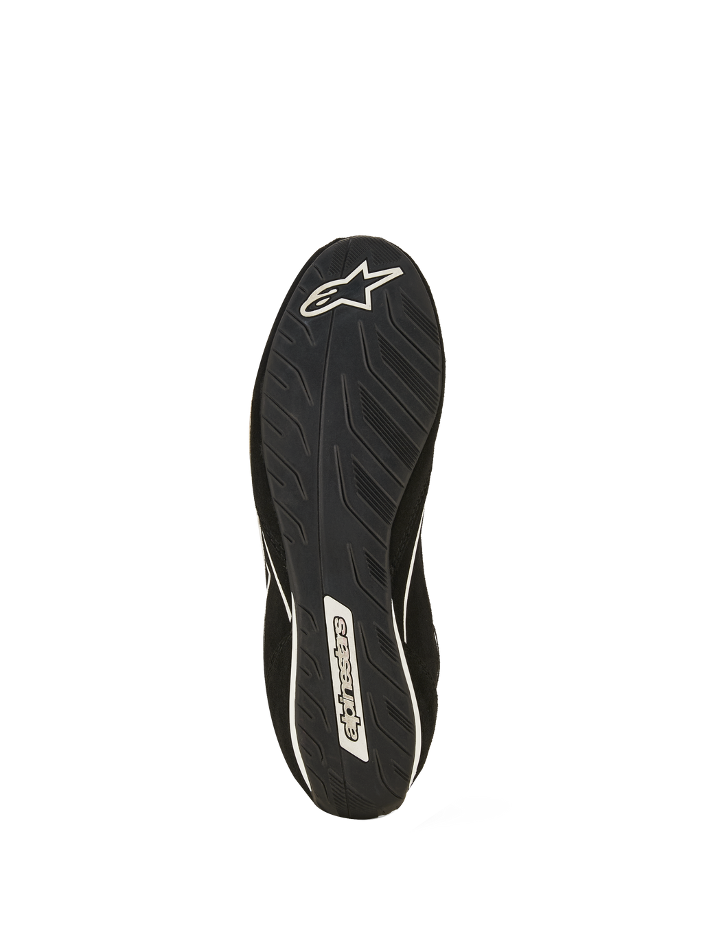 Chaussures Alpinestars SP V3 FIA, vue de la semelle de la chaussure de course noire, dotée d'un composé de caoutchouc exclusif avec adhérence texturée pour un meilleur ressenti des pédales, logo étoile Alpinestars blanc au talon et lettrage à la voûte plantaire