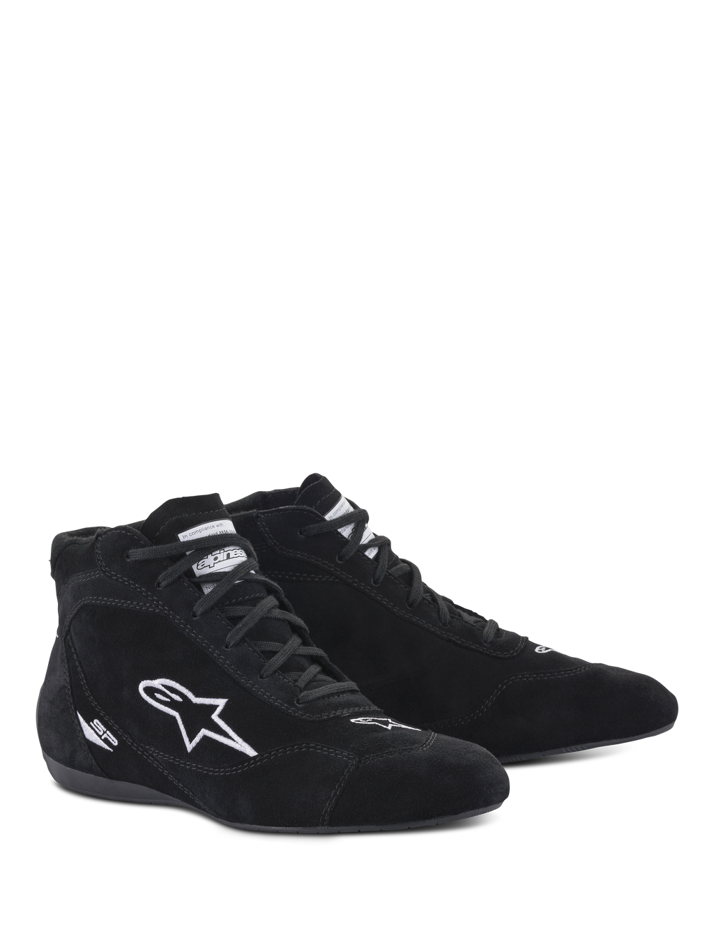 Chaussures Alpinestars SP V2, chaussures de course automobile, noir, design montant en daim avec logo étoile brodé blanc et marquage SP, semelle fine aux spécifications F1 pour un ressenti précis des pédales, chaussures de sport automobile professionnelles