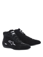 Chaussures Alpinestars SP V2, chaussures de course automobile, noir, design montant en daim avec logo étoile brodé blanc et marquage SP, semelle fine aux spécifications F1 pour un ressenti précis des pédales, chaussures de sport automobile professionnelles