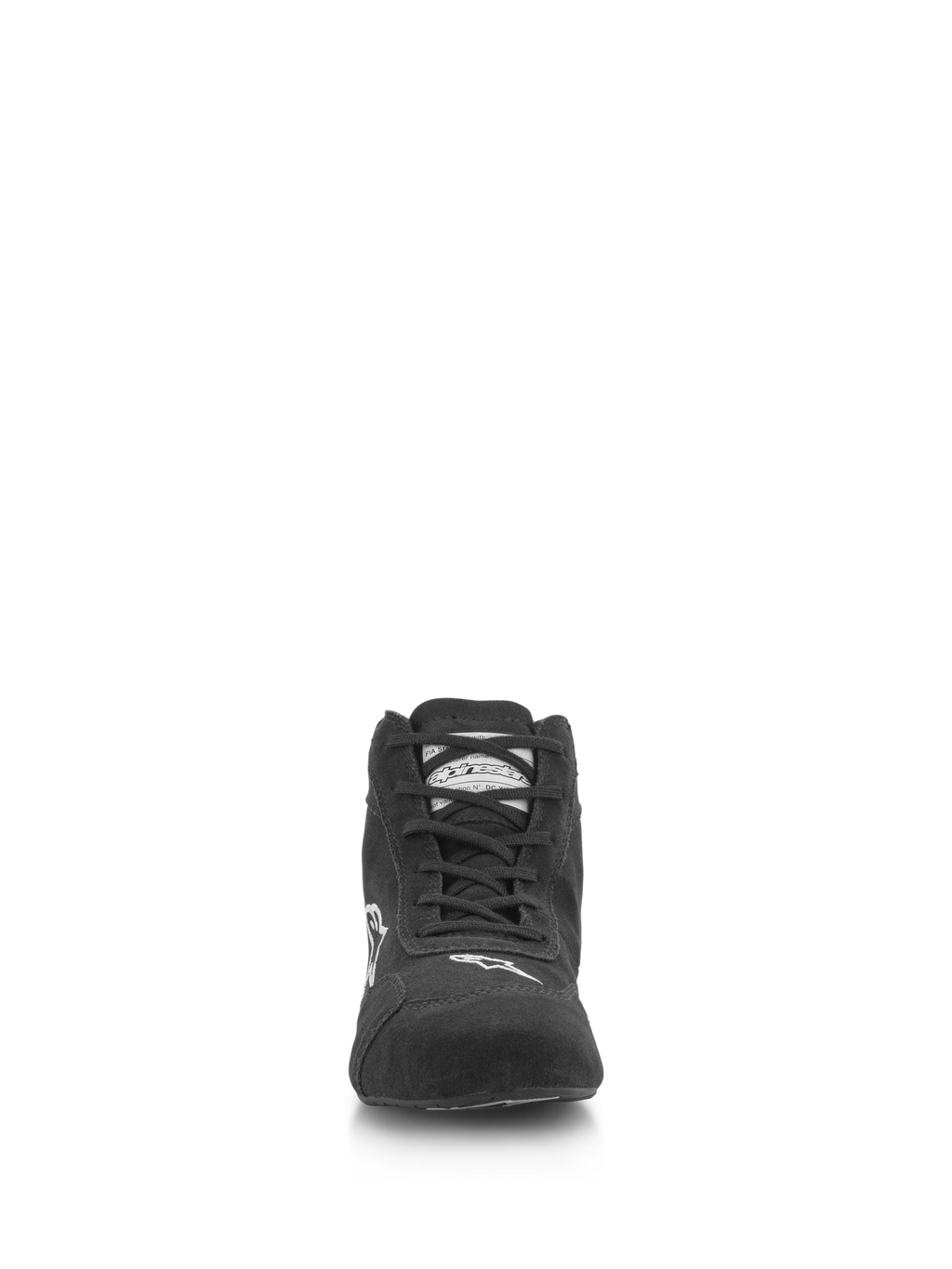 Chaussures Alpinestars SP V2, chaussures de course automobile, noir, vue de face avec tige en daim de première qualité, système de laçage asymétrique, logo Alpinestars blanc sur le bout, chaussures professionnelles de sport automobile