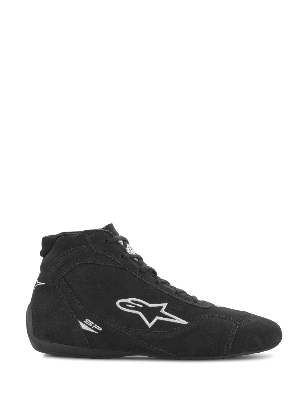 Chaussures Alpinestars SP V2, chaussures de course automobile, daim noir avec logo étoile Alpinestars blanc, profil montant, fermeture à lacets, semelle de course ultra-fine, design sport automobile épuré