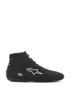 Chaussures Alpinestars SP V2, chaussures de course automobile, daim noir avec logo étoile Alpinestars blanc, profil montant, fermeture à lacets, semelle de course ultra-fine, design sport automobile épuré