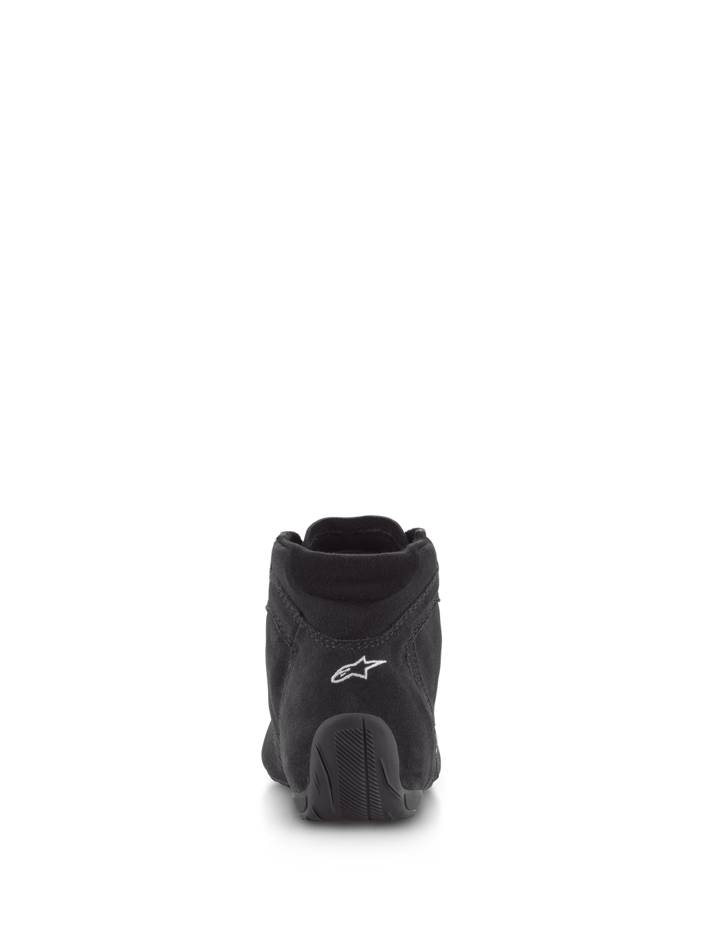 Chaussures Alpinestars SP V2, chaussures de course automobile, noir, vue arrière présentant une tige en daim de première qualité avec logo blanc sur le talon et semelle en caoutchouc texturé, chaussures de sport automobile professionnelles