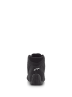 Chaussures Alpinestars SP V2, chaussures de course automobile, noir, vue arrière présentant une tige en daim de première qualité avec logo blanc sur le talon et semelle en caoutchouc texturé, chaussures de sport automobile professionnelles