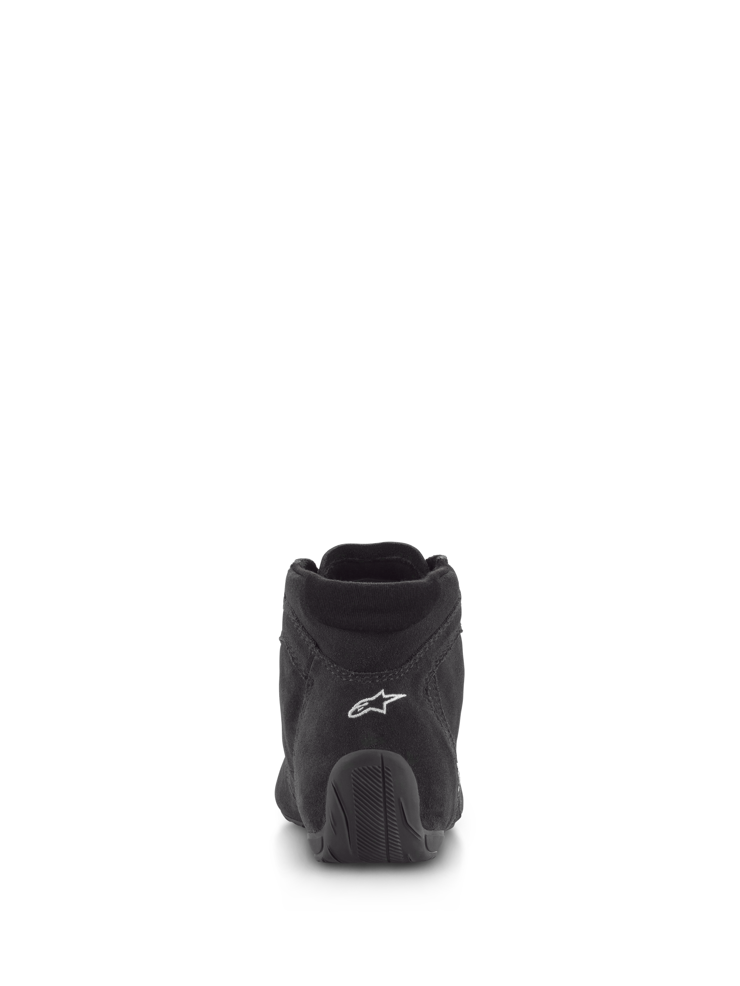 Chaussures Alpinestars SP V2, chaussures de course automobile, noir, vue arrière présentant une tige en daim de première qualité avec logo blanc sur le talon et semelle en caoutchouc texturé, chaussures de sport automobile professionnelles
