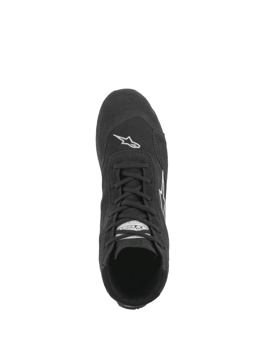 Chaussures Alpinestars SP V2, chaussures de course automobile, noir, vue de dessus montrant le système de laçage asymétrique, construction en daim de qualité supérieure et logo Astars blanc sur le bout