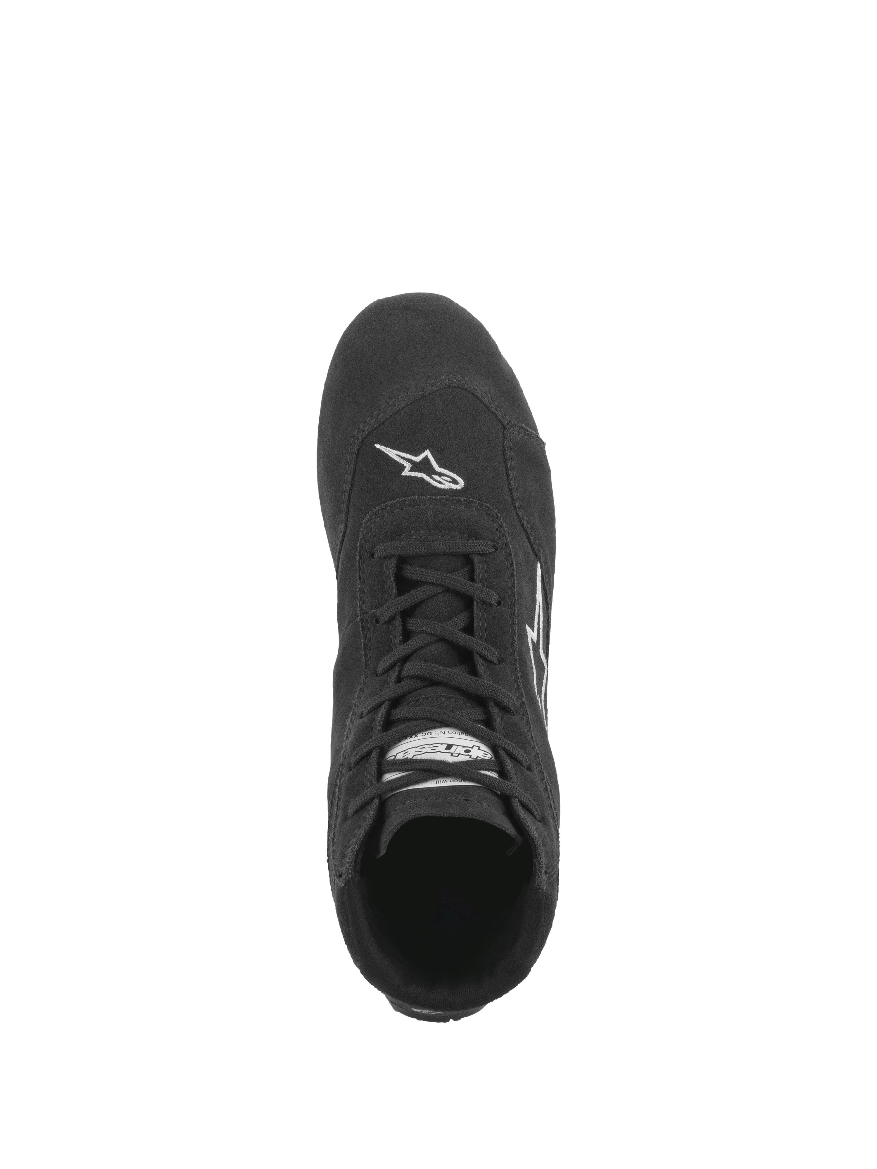 Chaussures Alpinestars SP V2, chaussures de course automobile, noir, vue de dessus montrant le système de laçage asymétrique, construction en daim de qualité supérieure et logo Astars blanc sur le bout