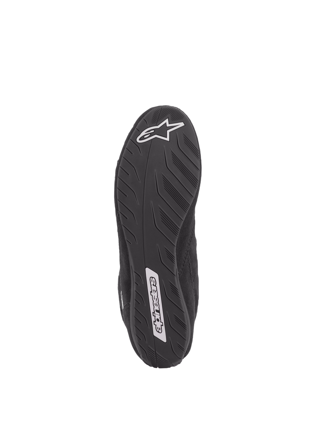 Chaussures Alpinestars SP V2, chaussures de course automobile, noir, vue de dessous de la semelle ultra-fine de spécification Formule 1, texture adhérente pour un meilleur ressenti des pédales, logos Alpinestars blancs sur le talon et le milieu du pied