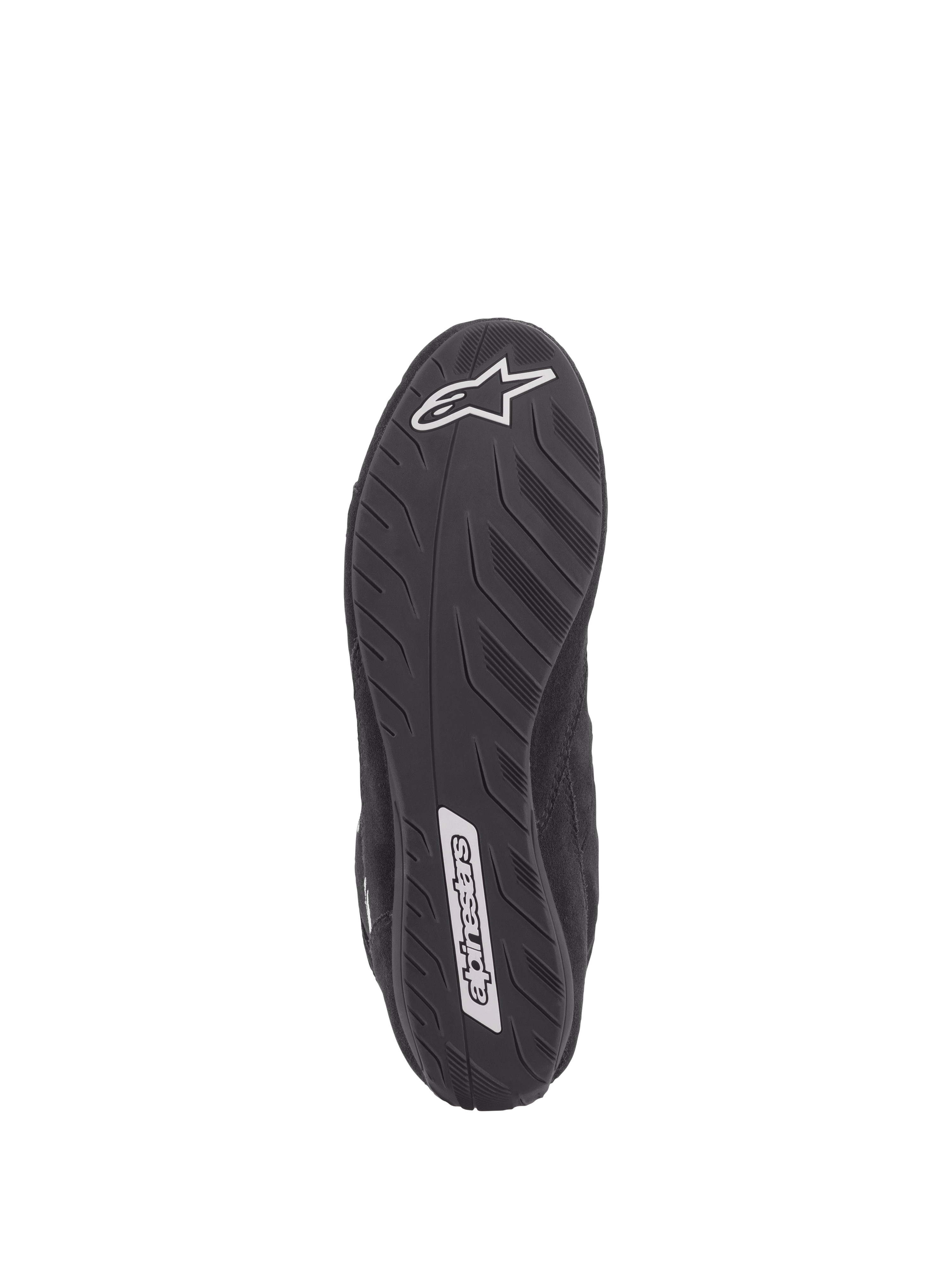 Chaussures Alpinestars SP V2, chaussures de course automobile, noir, vue de dessous de la semelle ultra-fine de spécification Formule 1, texture adhérente pour un meilleur ressenti des pédales, logos Alpinestars blancs sur le talon et le milieu du pied