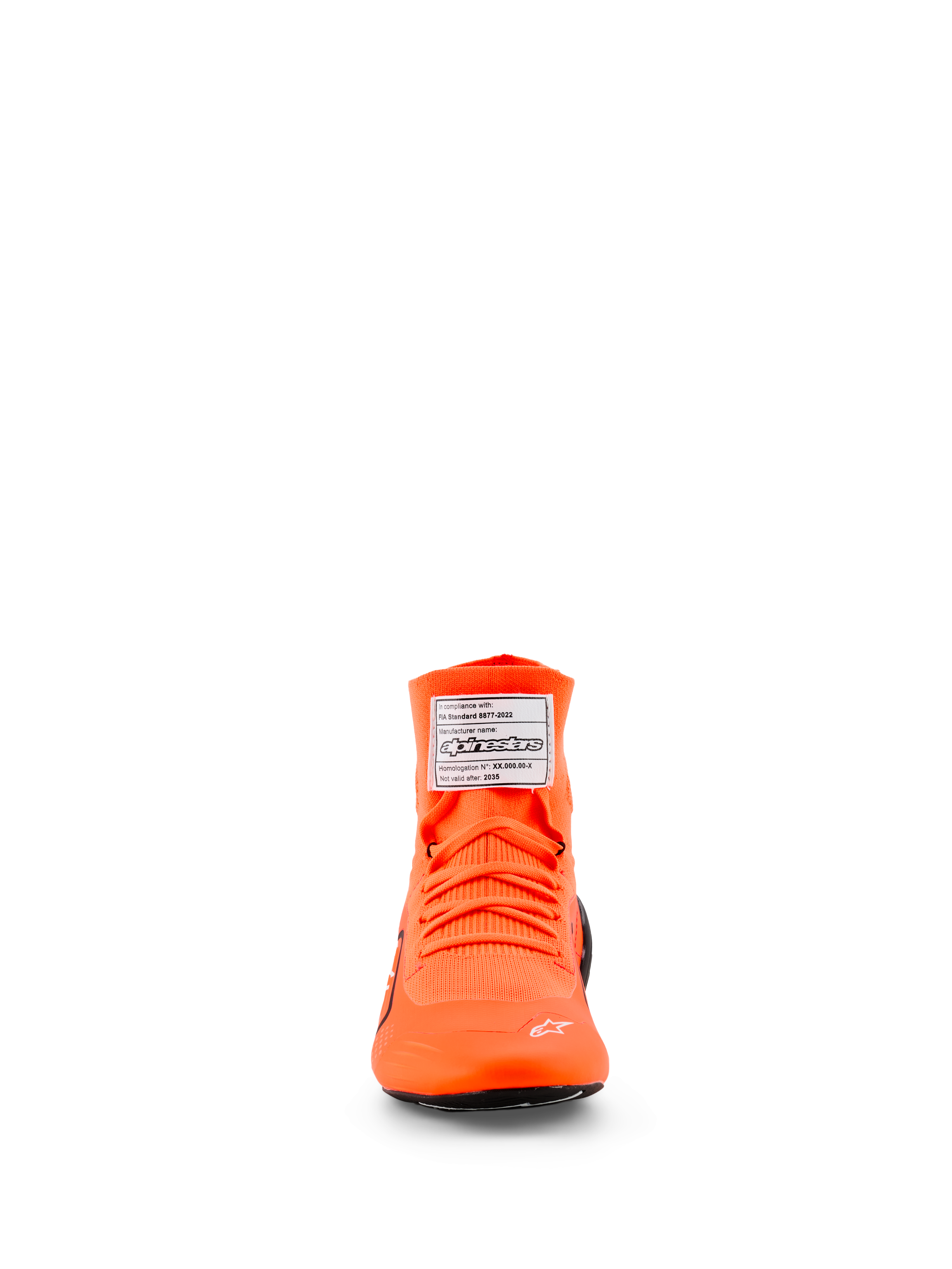 Alpinestars Supertech K Shoes - FIA, Karting Shoes, Orange Fluo, front view featuring a knitted upper with matching orange laces, white FIA certification label on the tongue, and a small white star logo on the toe