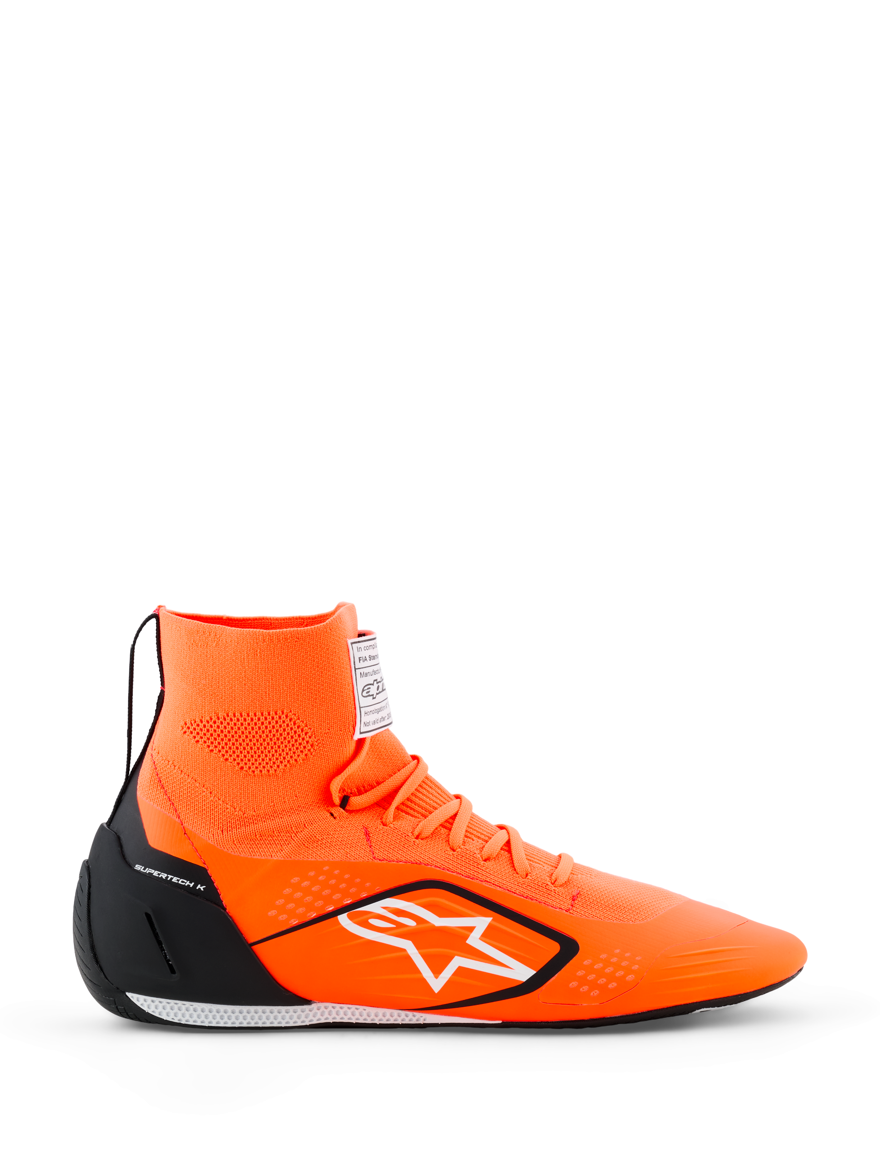 Alpinestars Supertech K Shoes - FIA, Karting Racing Shoes, Orange Fluo with black and white accents, high-top knitted construction with white star logo, black TPU heel counter, ultra-thin racing sole, side profile view