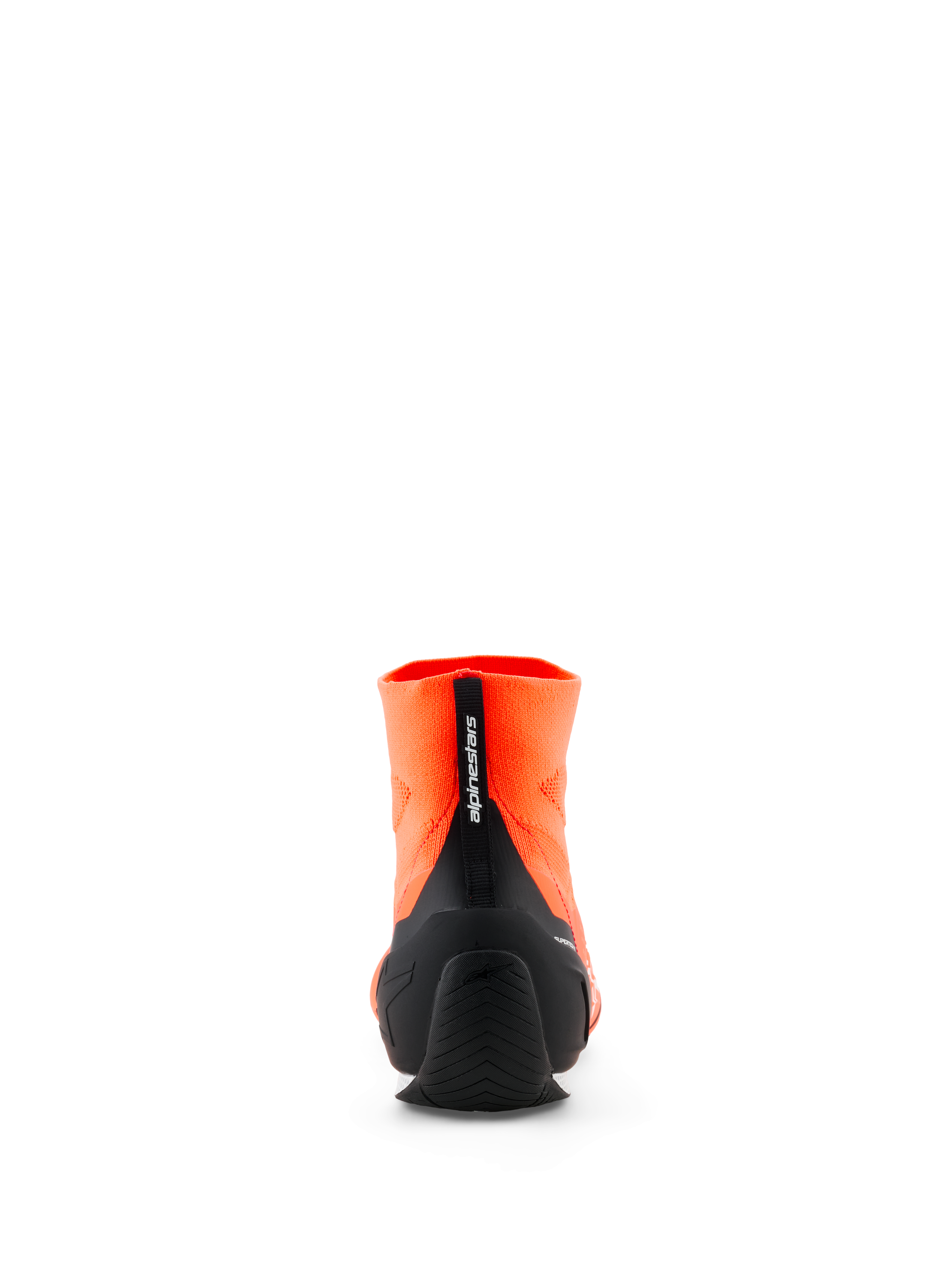 Alpinestars Supertech K Shoes - FIA, Karting Shoes, Orange Fluo and Black, rear view showing the knitted upper, black injected TPU heel counter, and vertical pull tab with Alpinestars branding, professional motorsport footwear.