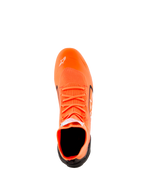 Alpinestars Supertech K Shoes - FIA, Karting Shoes, Orange Fluo Black and White, top-down view showing the knitted upper construction, orange laces, white Astars logo on the toe, and black heel counter