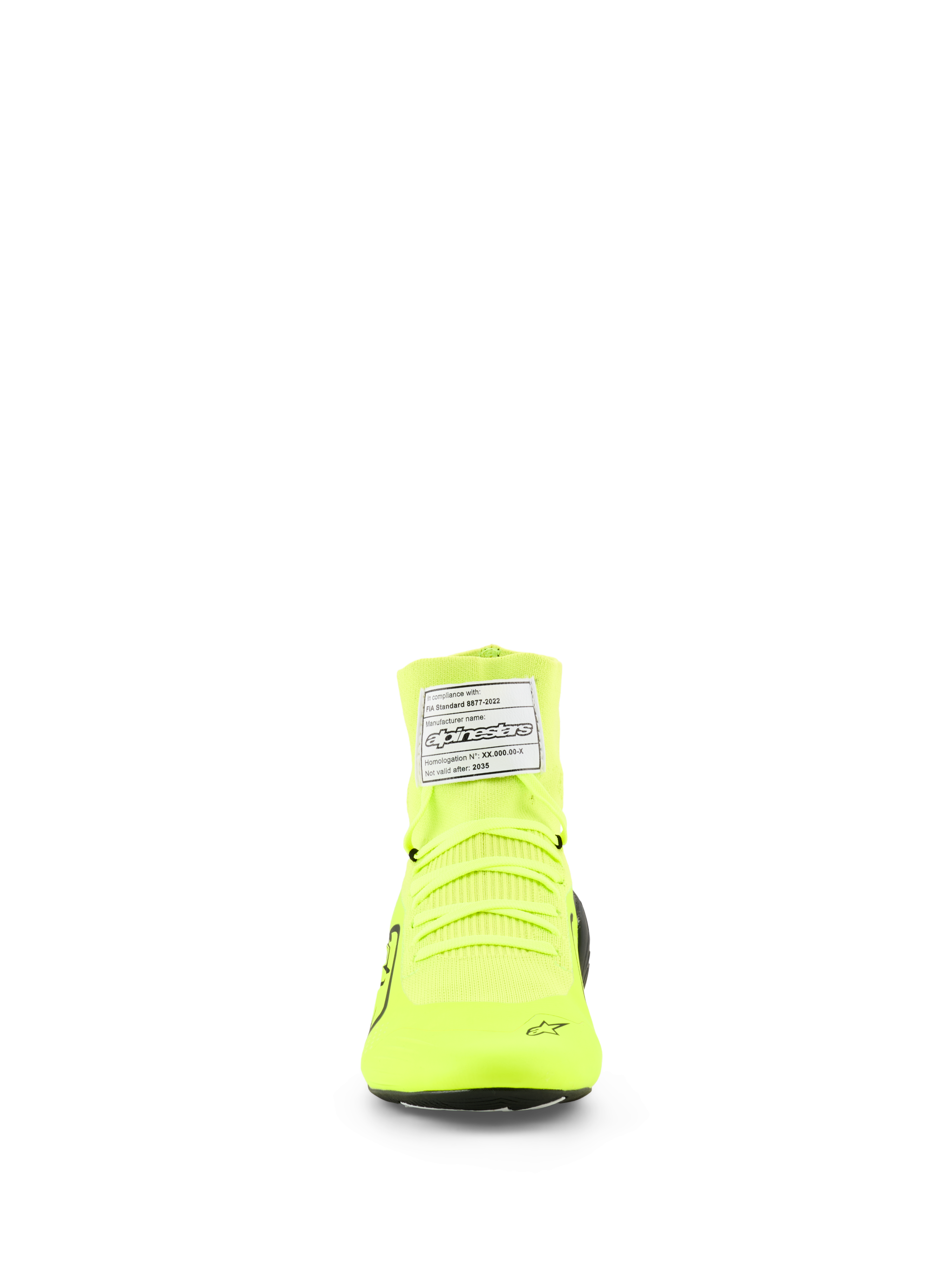 Alpinestars Supertech K Shoes, FIA Karting Shoes, Yellow Fluo Black White, front view showing knitted upper construction, neon yellow laces, and white FIA certification tag on the ankle