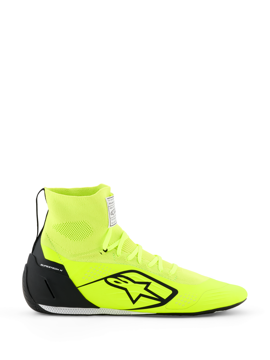 Alpinestars Supertech K Shoes - FIA, Karting Shoes, Yellow Fluo and Black, side profile view, fully knitted upper with high-top ankle collar, black TPU heel counter, large black Alpinestars logo, lightweight racing footwear