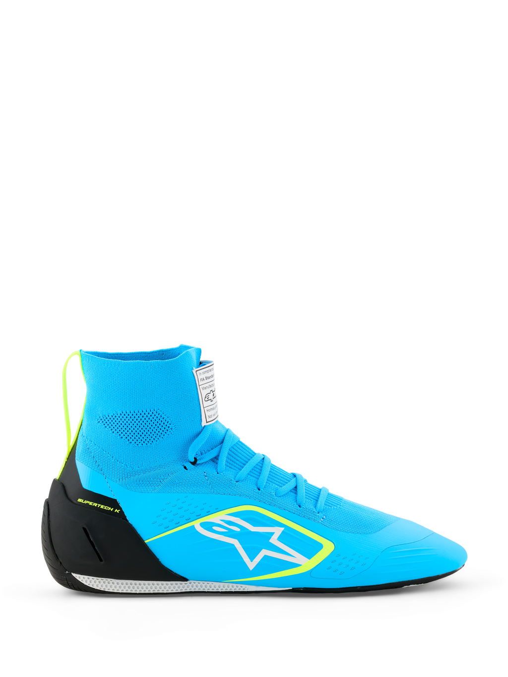 Alpinestars Supertech K Shoes FIA, Karting Racing Shoes, Light Blue with Black and Yellow Fluo accents, high-top design with fully knitted upper, white star logo, professional racing footwear