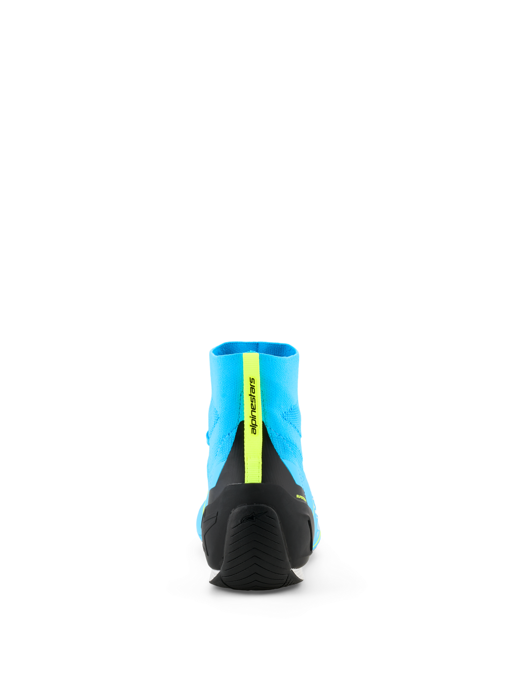 Alpinestars Supertech K Shoes - FIA, Karting Racing Shoe, Light Blue and Black with Yellow Fluo, rear view featuring the injected TPU heel counter and yellow fluo vertical strip with branding, lightweight knitted upper construction
