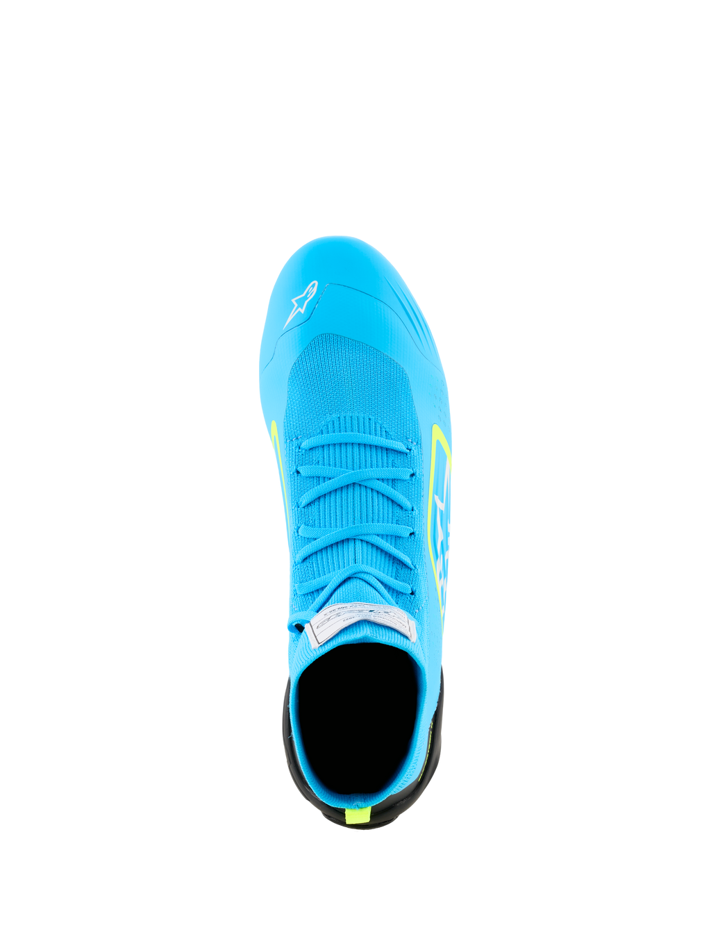Alpinestars Supertech K Shoes - FIA, Karting Shoes, Light Blue with Yellow Fluo accents, top-down view showing the fully knitted upper, matching blue laces, and FIA certification tag on the tongue