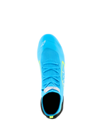 Alpinestars Supertech K Shoes - FIA, Karting Shoes, Light Blue with Yellow Fluo accents, top-down view showing the fully knitted upper, matching blue laces, and FIA certification tag on the tongue