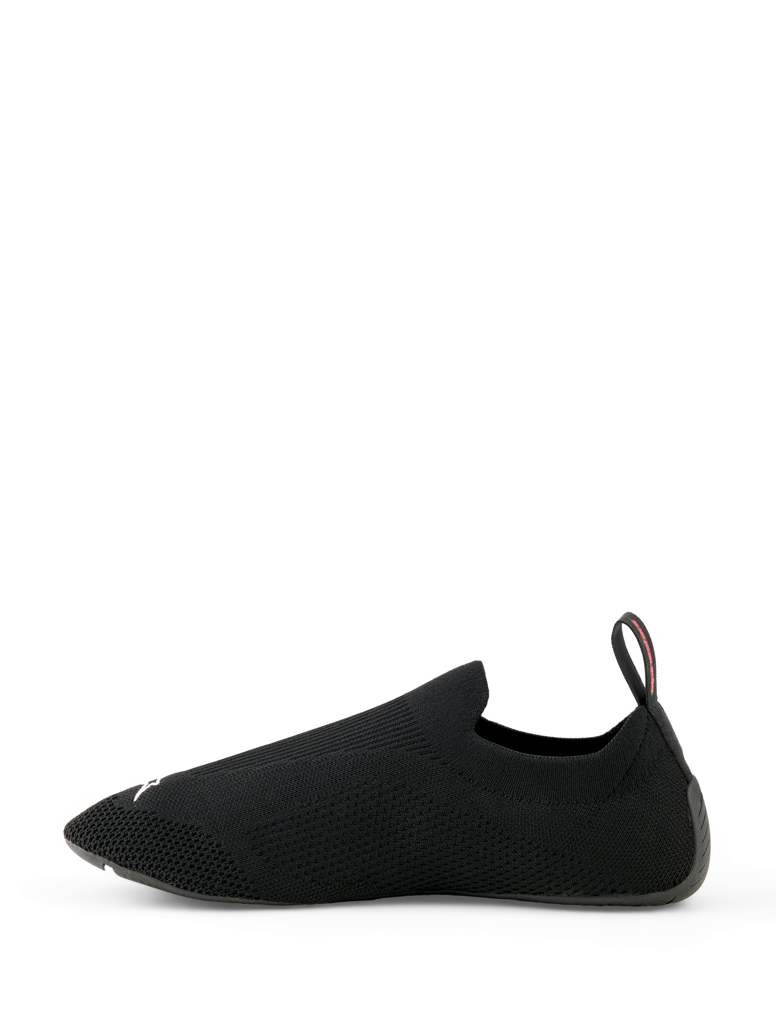 Alpinestars Tech Gaming Shoes, Sim Racing Footwear, Black, seamless knitted stretch upper, ultra-thin rubber outsole, rear pull tab with red detail, lightweight sock-like design for simulator racing performance
