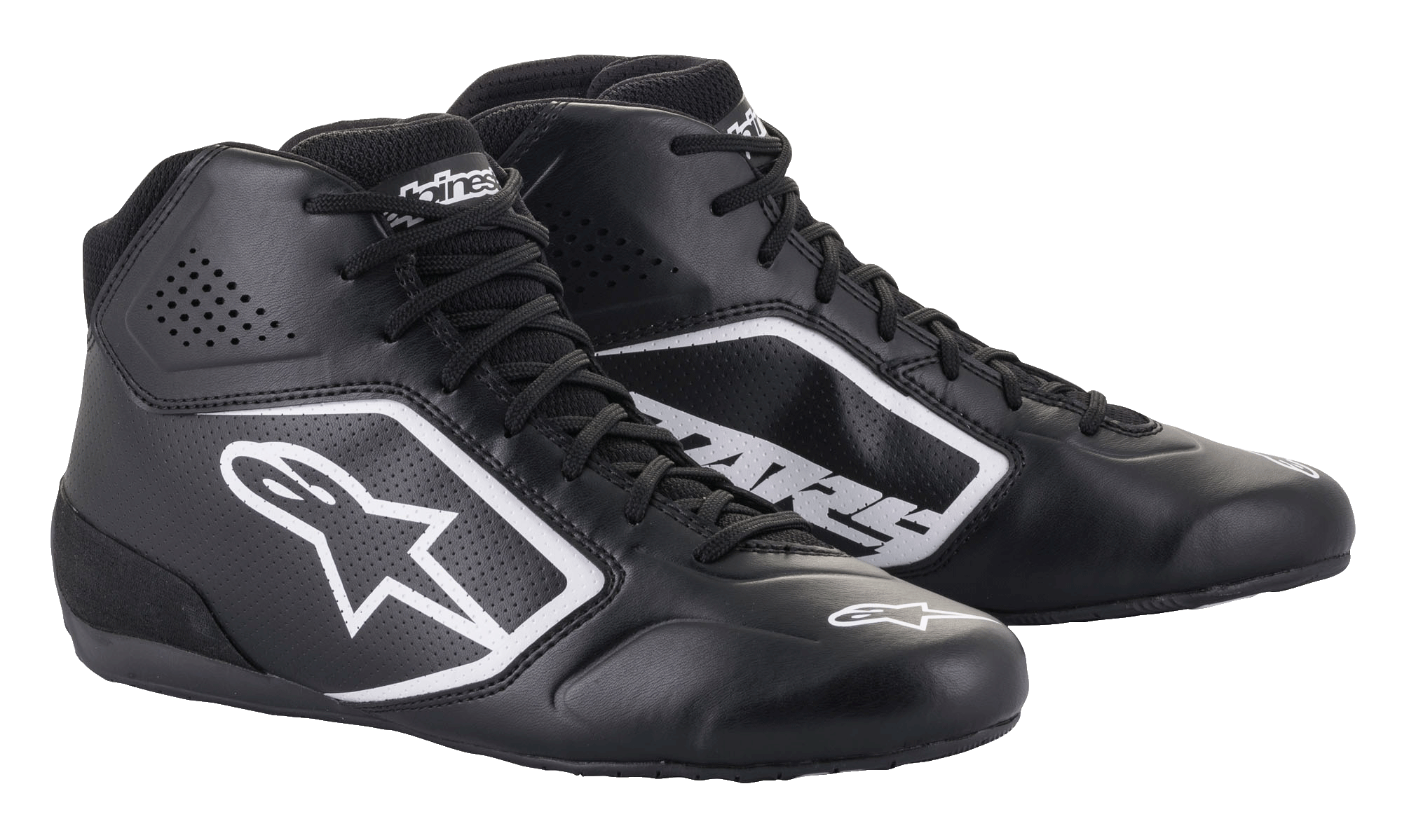 Alpinestars Tech-1 K Start V2, chaussures de karting, noires avec logo Alpinestars blanc, conception montante avec panneaux en microfibre perforée et semelles de course plates, look élégant inspiré du sport automobile