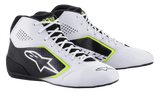Chaussures Alpinestars Tech-1 K Start V2, chaussures de karting, blanc, noir et jaune fluo, dotées de panneaux latéraux perforés, d'un grand logo d'étoile blanc et de détails jaune fluo, chaussures professionnelles de sport automobile