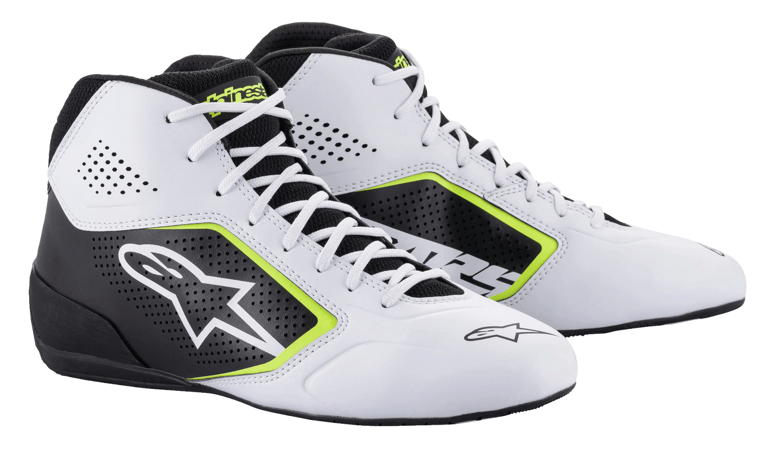 Chaussures Alpinestars Tech-1 K Start V2, chaussures de karting, blanc, noir et jaune fluo, dotées de panneaux latéraux perforés, d'un grand logo d'étoile blanc et de détails jaune fluo, chaussures professionnelles de sport automobile