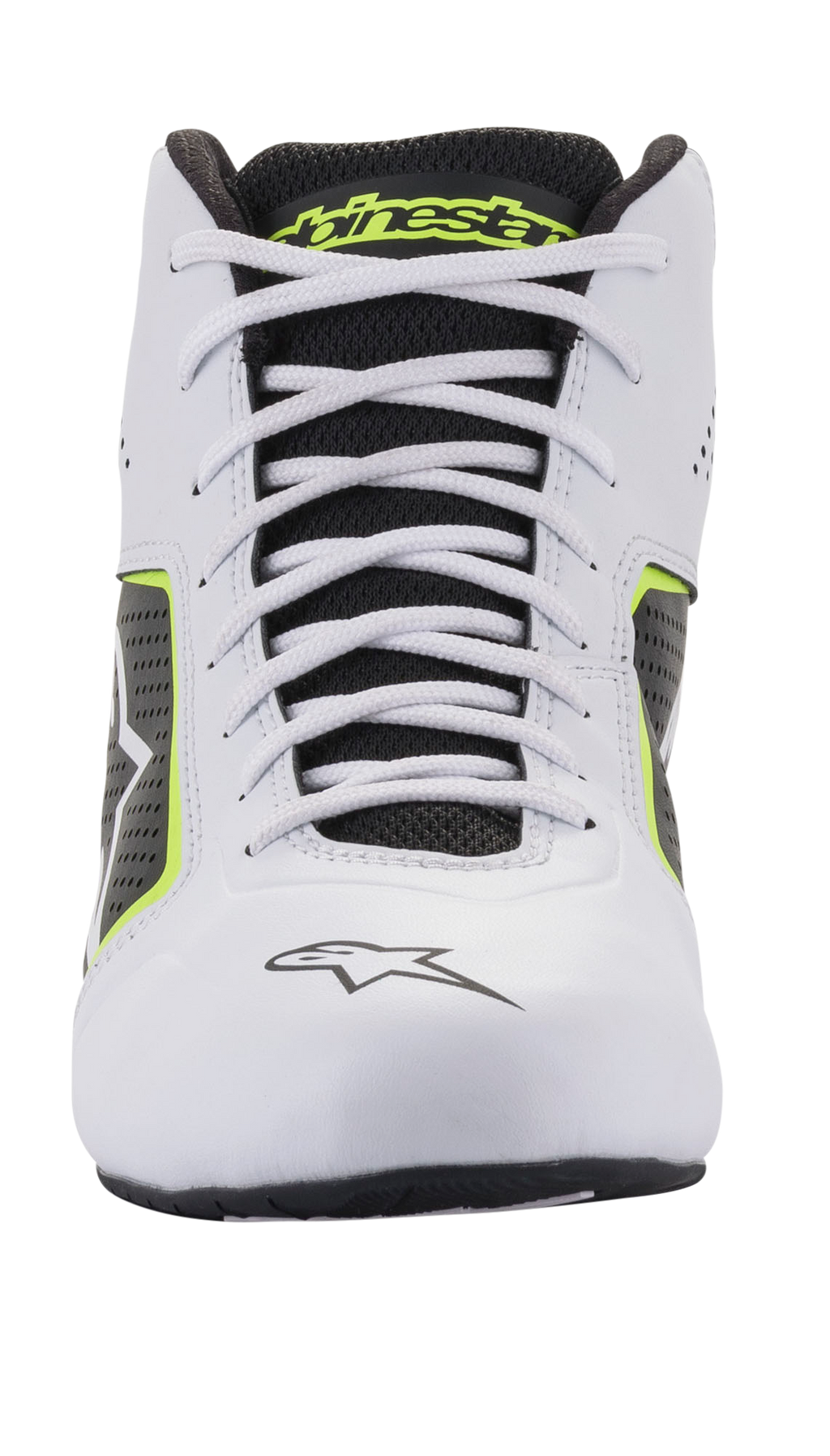 Alpinestars Tech-1 K Start V2 Shoes, chaussures de karting, blanc, noir et jaune fluo, vue de face avec lacets blancs, languette en mesh noir avec logo jaune, et construction en microfibre blanche avec panneaux latéraux perforés.