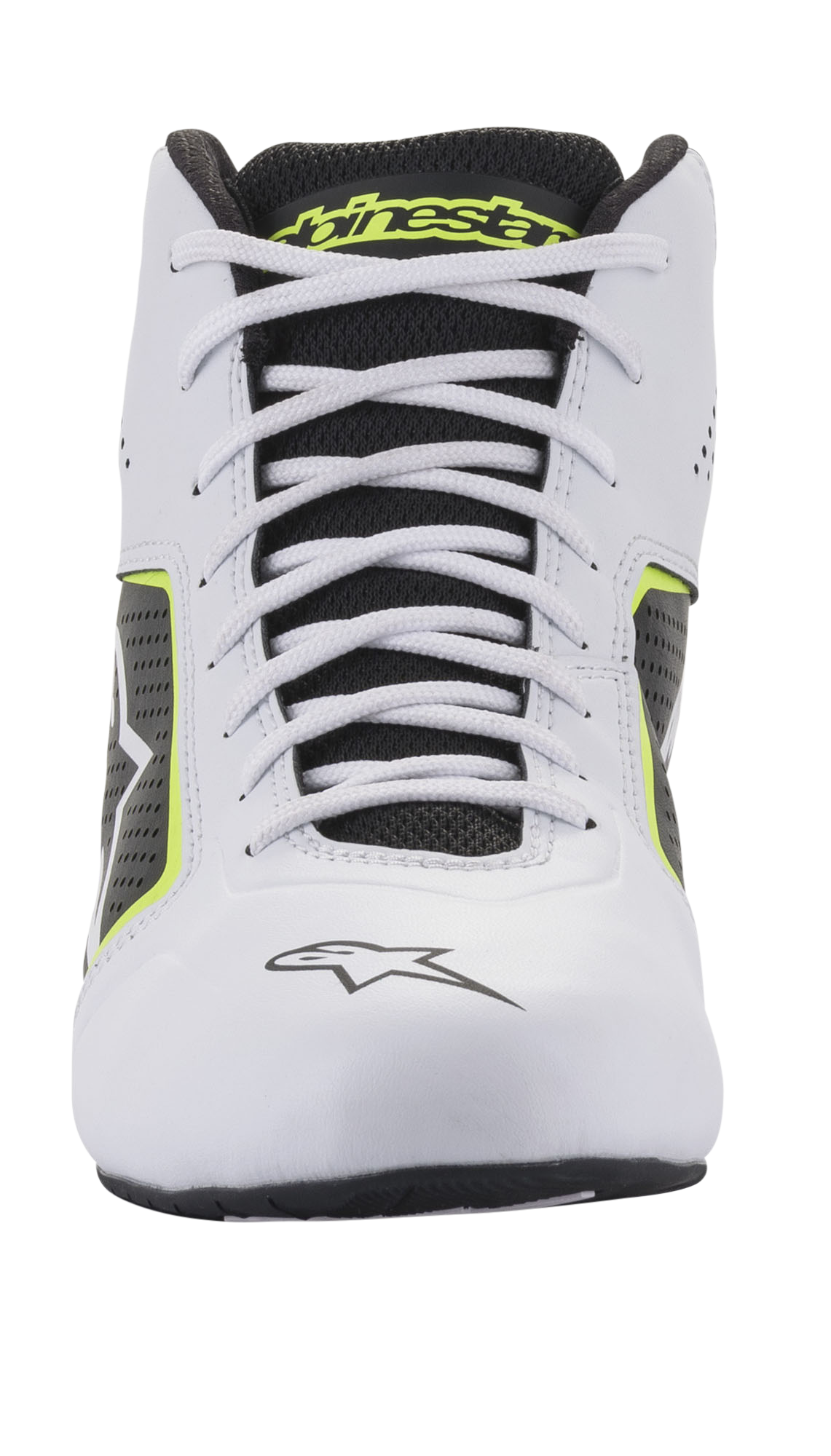 Alpinestars Tech-1 K Start V2 Shoes, chaussures de karting, blanc, noir et jaune fluo, vue de face avec lacets blancs, languette en mesh noir avec logo jaune, et construction en microfibre blanche avec panneaux latéraux perforés.