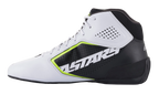 Chaussures Alpinestars Tech-1 K Start V2, chaussures de karting, blanc, noir et jaune fluo, vue latérale présentant une tige en microfibre blanche perforée, un panneau latéral noir avec marquage ASTARS, des touches jaune fluo et une semelle noire profilée.